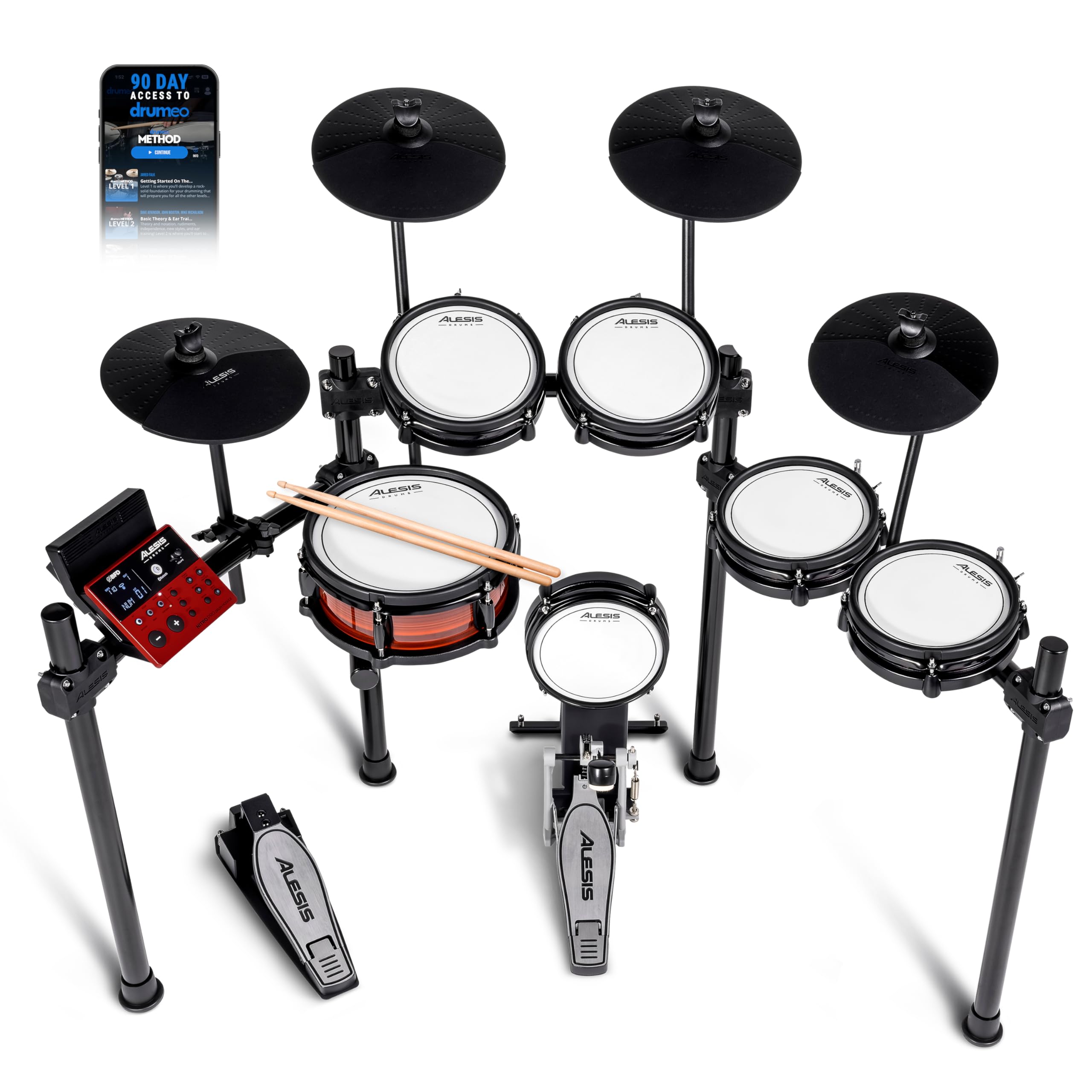Alesis Nitro Pro XL Electric Drum Kit with Dual Zone Quiet Mesh Pads, 500+ Authentic BFD Sounds, Bluetooth, Drumeo, USB MIDI