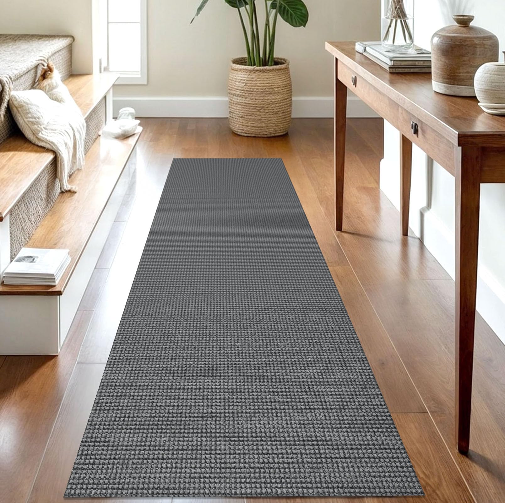 IOHOUZE Washable Runner Rug 2.6x8 Non Slip Rubber Backed Wide Hallway Runner Entryway Runner Indoor, Kitchen Rugs Woven Cotton Floor Carpet for Hall Entrance Bedroom, Dark Grey
