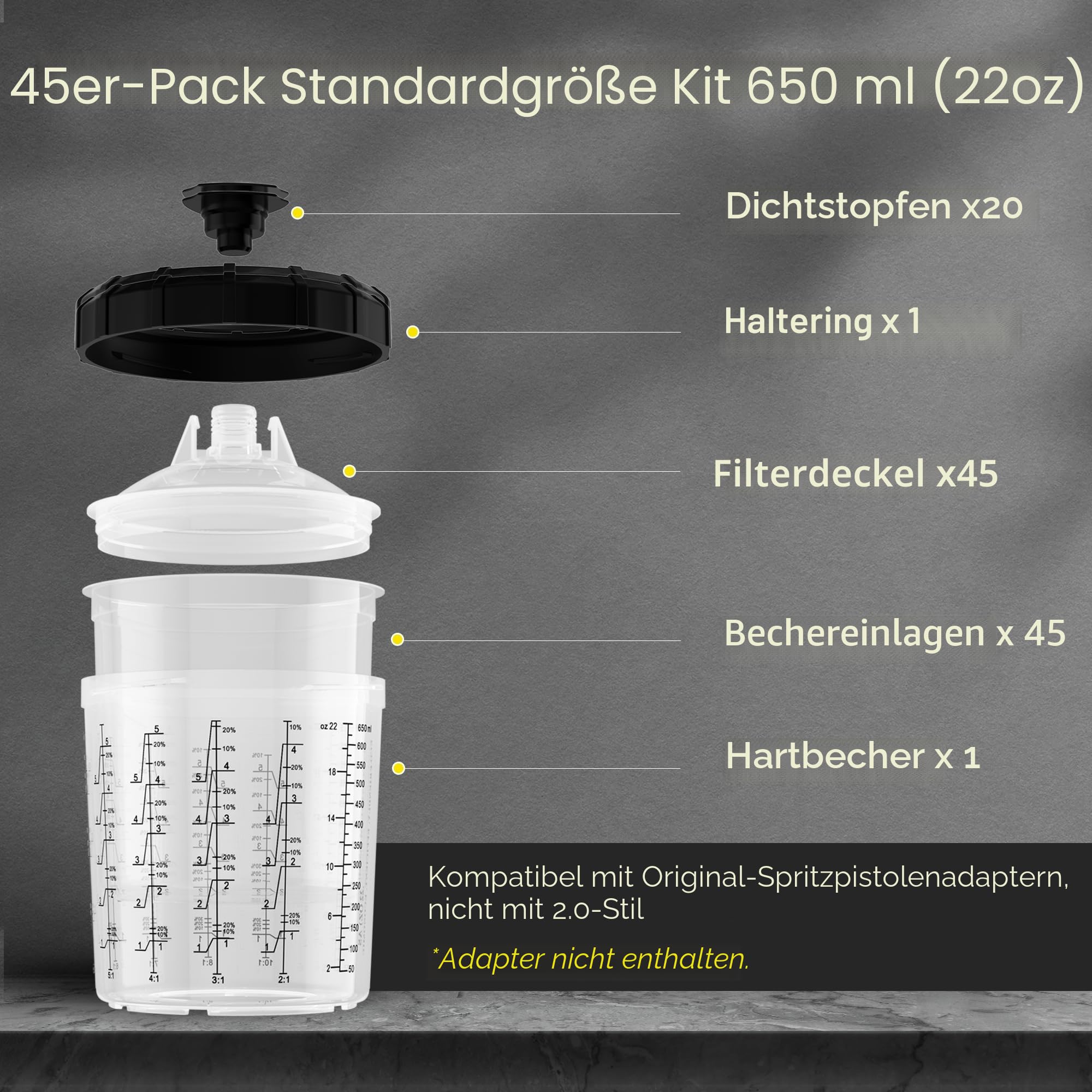 InoKraft Einweg-Farbspritzpistolenbecher 22 Unzen 650 ml Set 45 Becher Deckel HVLP LVLP