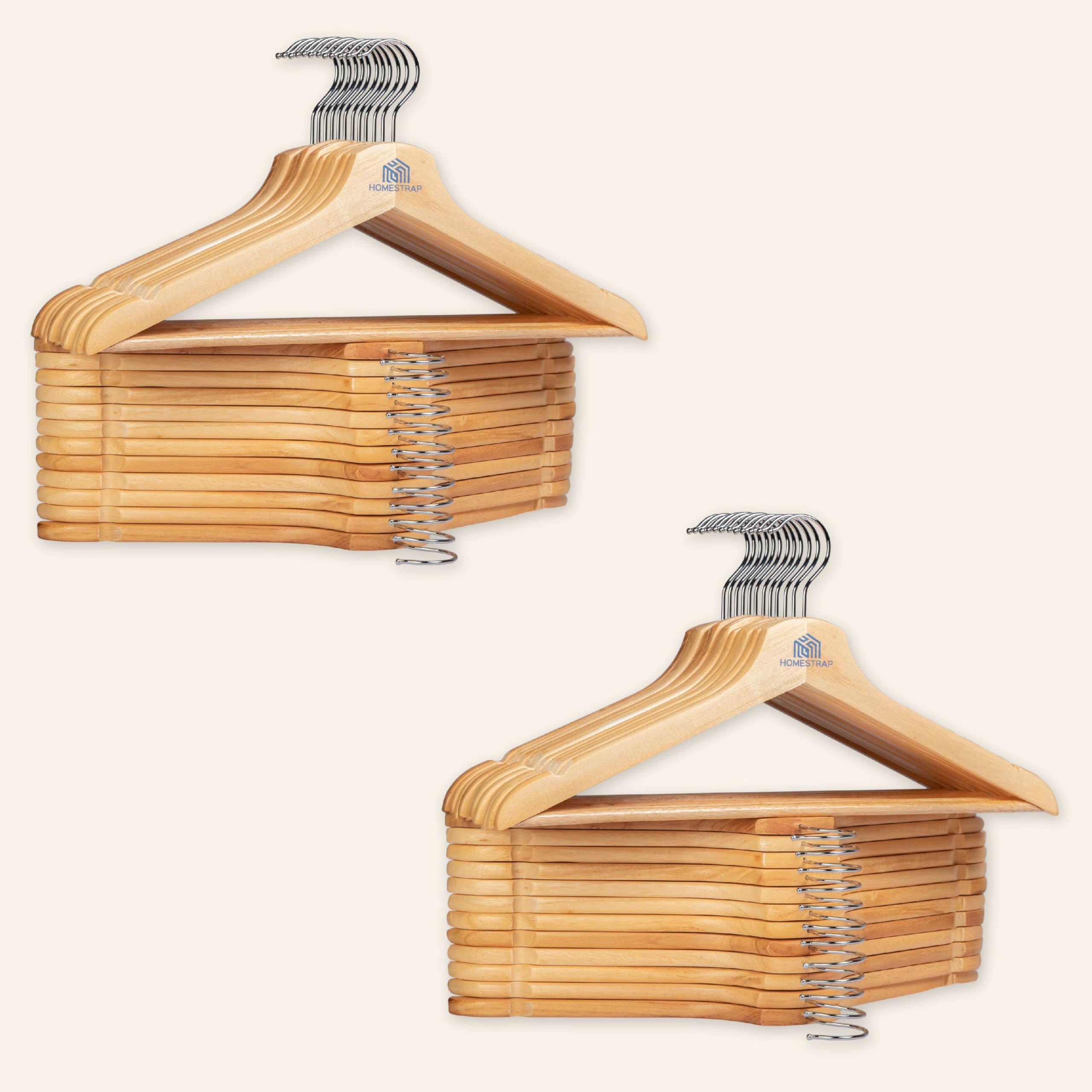 Homestrap Premium Round Bar Wooden Hanger (Pack of 48)| Durable Wooden Garment Hangers with Cut Notches & 360 Degree Swivel Chrome Hook for Hanging Heavy Clothes