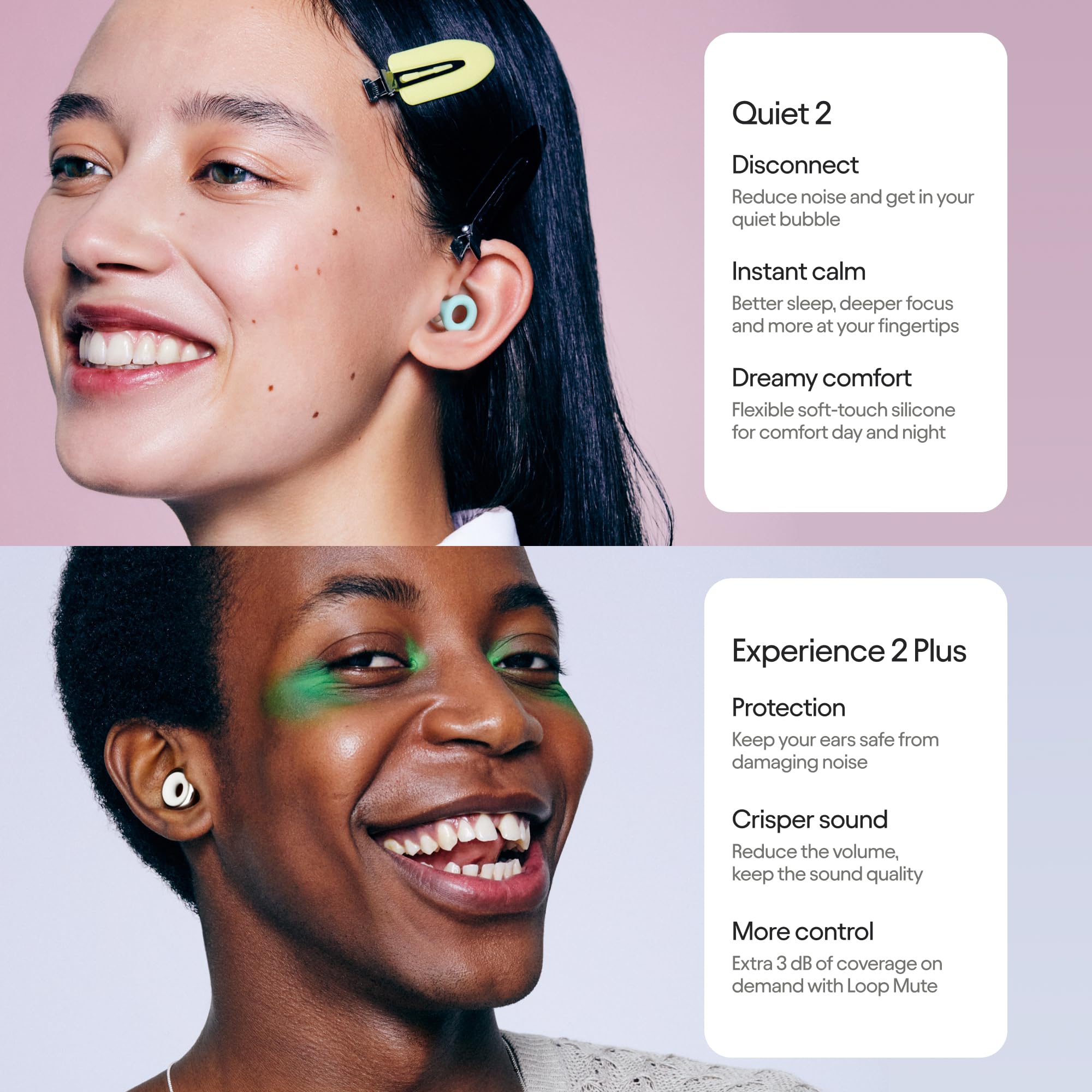 Loop Earplugs, coffret Jour & Nuit Plus (lot de deux) – Quiet 2 + Experience 2 Plus | Bouchons d’oreille réutilisables pour le sommeil, la concentration, la sensibilité au bruit