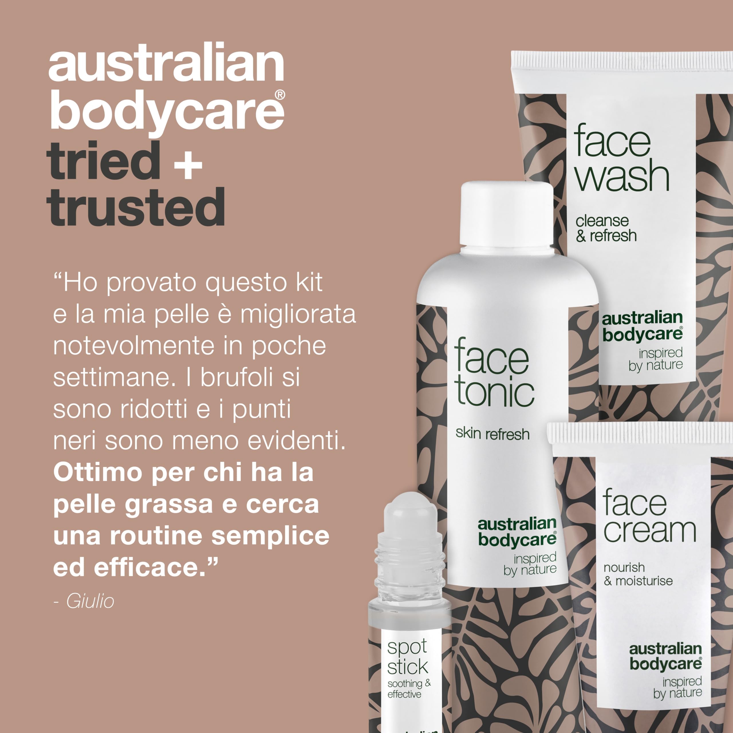4 prodotti per il viso di Australian Bodycare – Contro macchie, brufoli, pelle grassa e acne. Con Tea Tree Oil australiano di qualità farmaceutica - Detergente, tonico, crema e spot stick