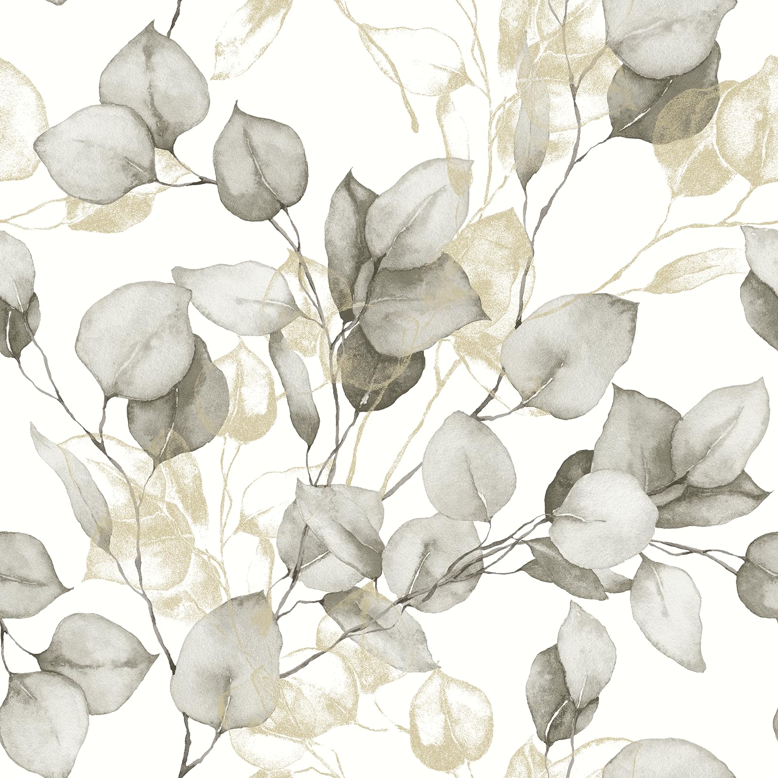 Muriva White, Beige Eucalyptus Leaves Wallpaper - Floral/Nature Themed Modern Design For Living Room, Bedroom, Hallway - Decorative Luxury Natural/Gold