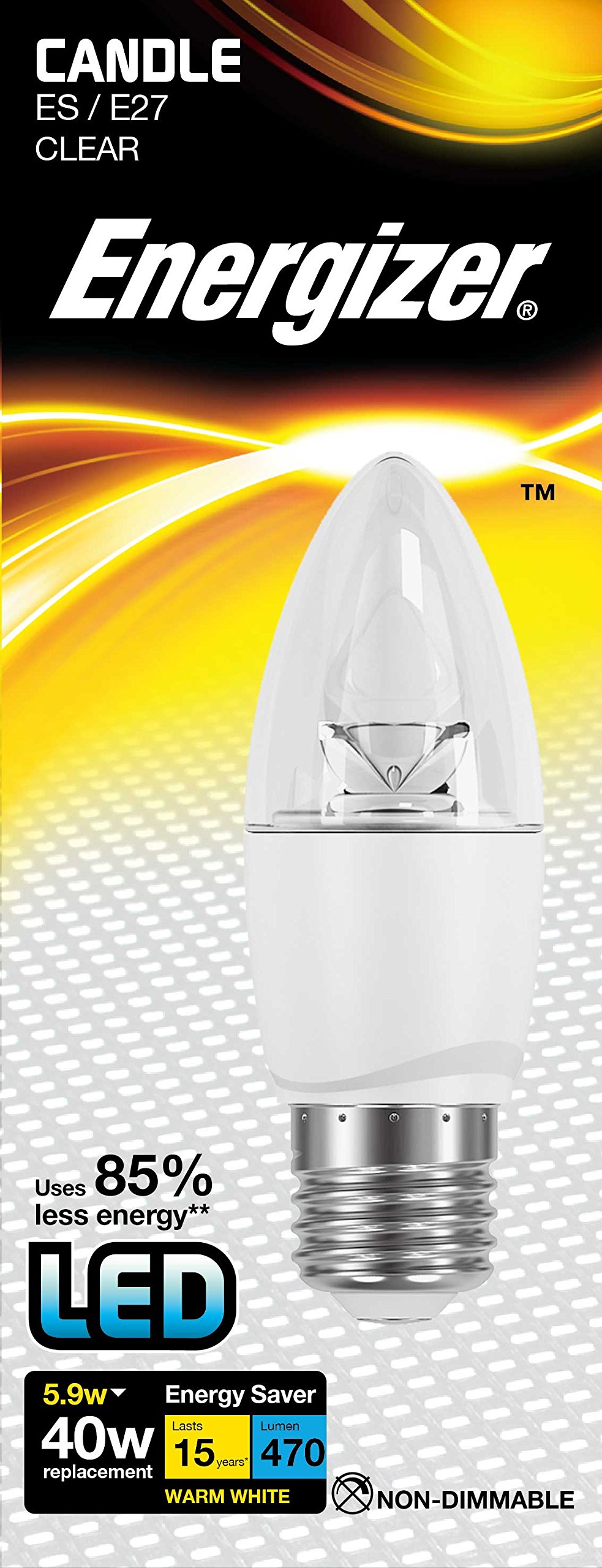 Energizer Warm White E27 Candle Led Light Bulb - 5.9W. 2700K, 470 Lumen Energy Saving Lightbulb. Non-Dimmable - Large Edison Screw (Es)