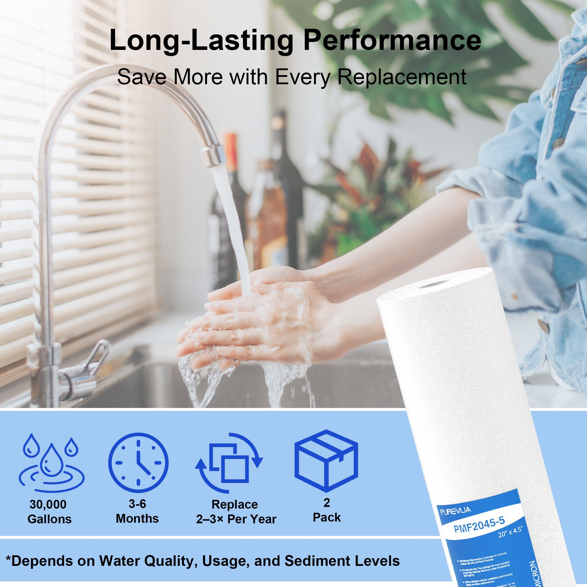 Filtro de sedimentos resistente de 20 x 4.5 pulgadas, cartucho de repuesto de filtro de agua de 5 micras para agua de pozo de sedimentos altos, compatible con cualquier carcasa grande