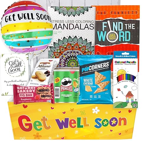 GET WELL GIFT Basket, package for Adults or kids Men, women, boy or girl Care package, Feel better soon for home or hospital, after surgery w/Balloon, candy & snacks & greeting card, Sympathy Gift
