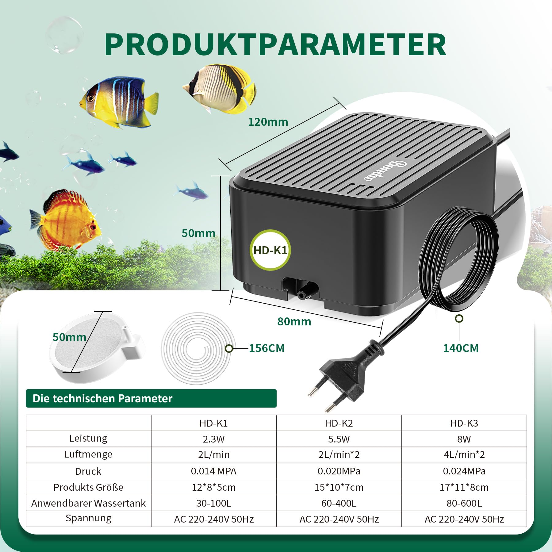 Pompa d'aria per acquari Boadw più silenziosa, pompa di ossigeno regolabile da 2,3 W per acquari fino a 100 litri con tutti gli accessori <30 dB