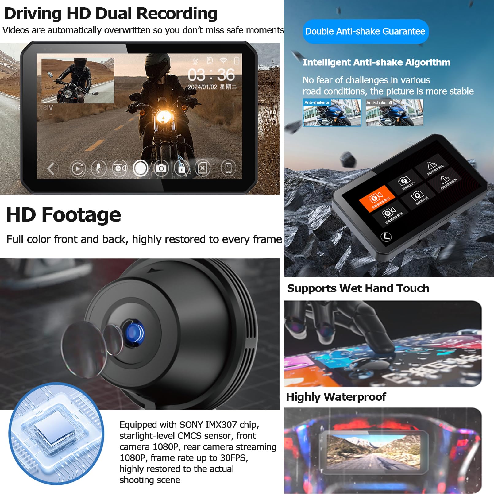 Ekran Motocyklowy Carplay Z Nawigacją Gps, 5,5-Calowy Ekran Dotykowy Lcd Rejestrator Jazdy Motocyklem Wifi/app, Przednie I Tylne Kamery Noktowizyjne Hd 1080P, Ipx67, Eis Anti-shake, Ostrzeżenie