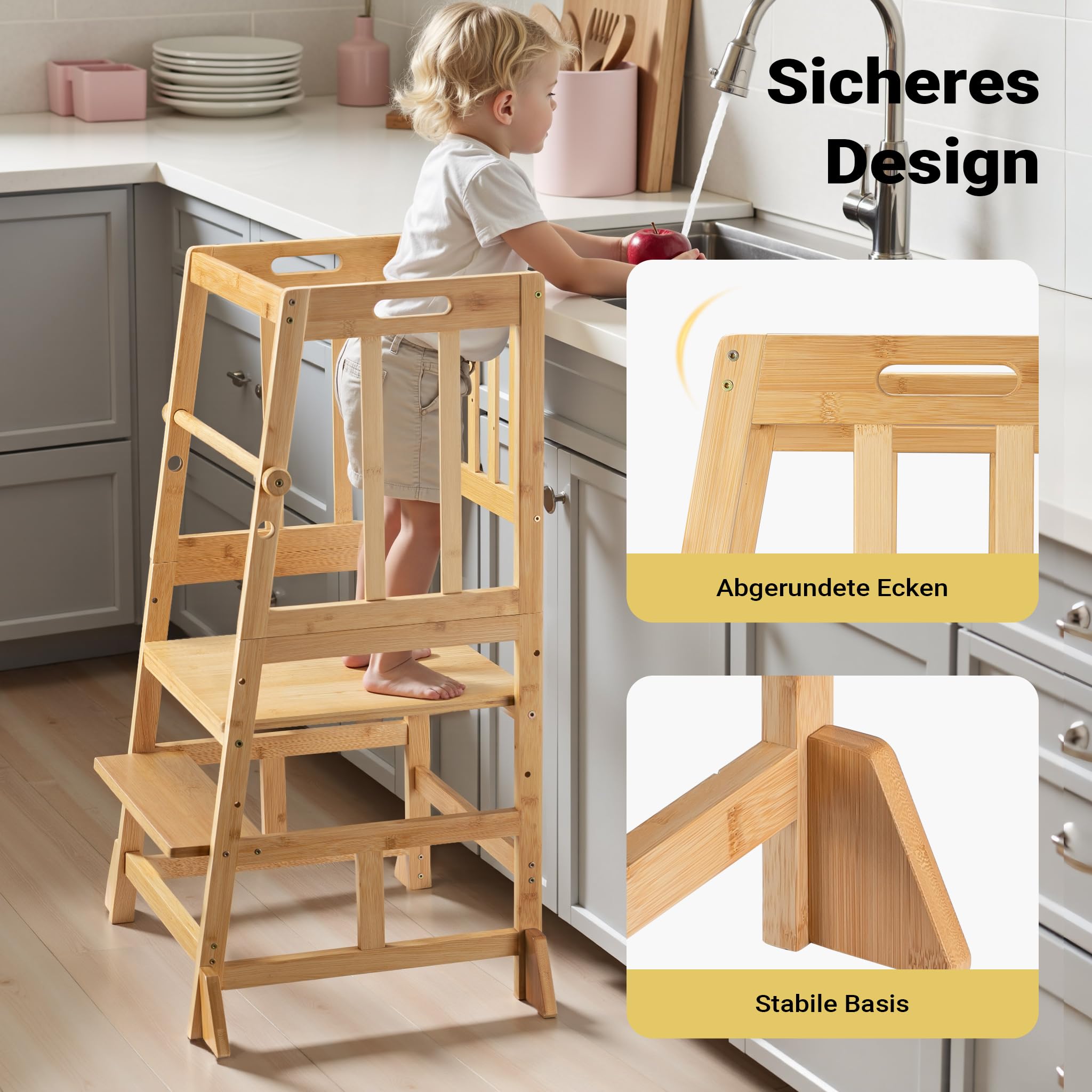 Wiltec Kinderstuhl Lernturm 57 x 46 x 90 cm aus Bambus, Lernstuhl für Kinder mit Geländer, Stehturm mit Schutzstab