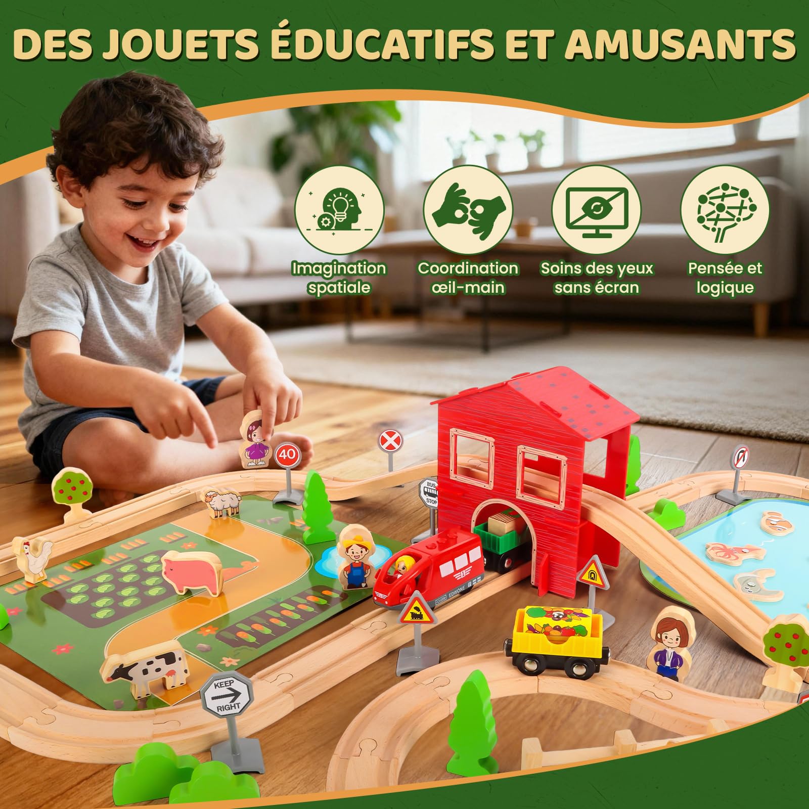 Circuit Train Bois 100 Pièces Circuit Voiture Bois Thème de la Ferme Train Enfant avec Un Trainminiature, Un Étang et des Petits Animaux pour Enfants 4 5 6 7 8 Ans