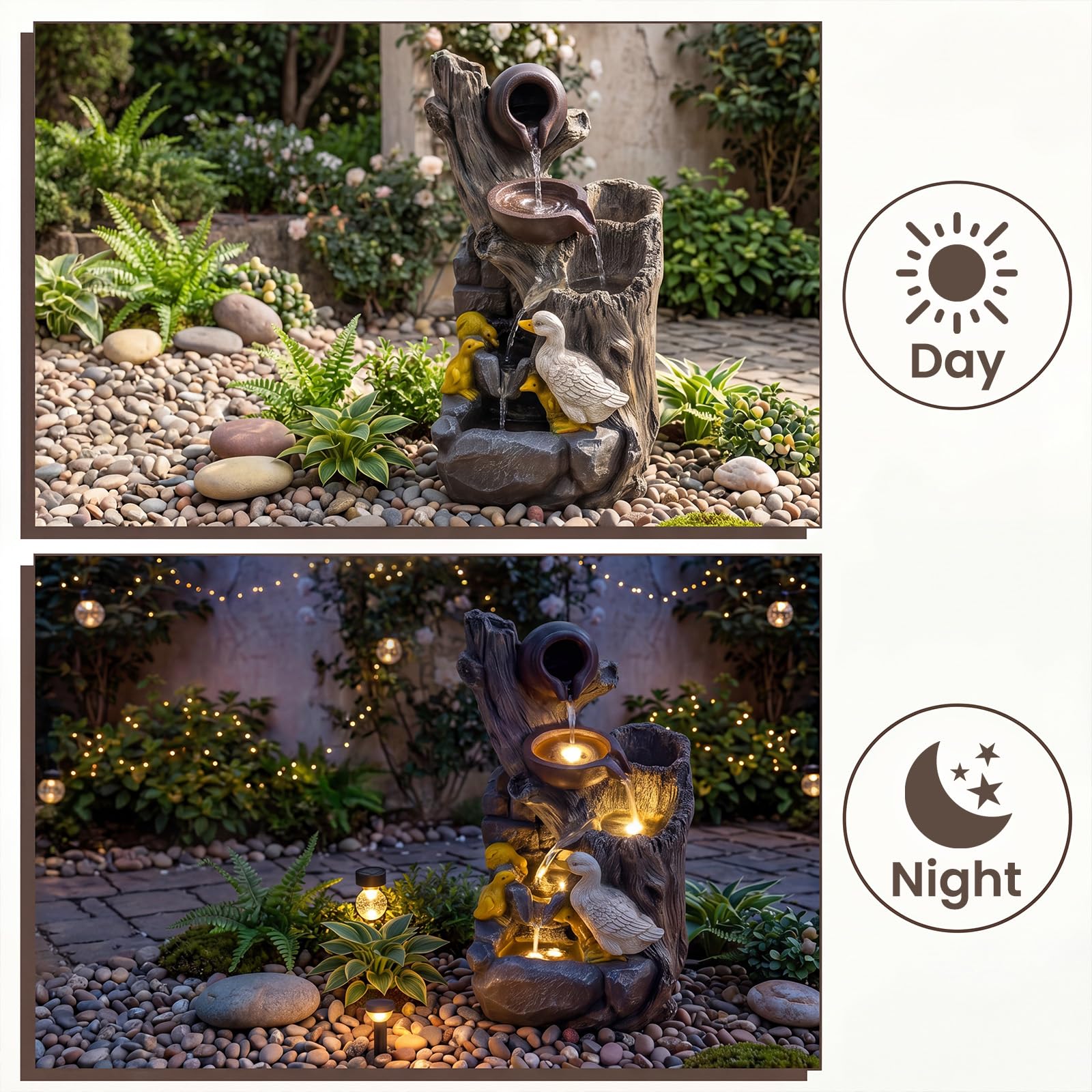 HOMASIS Gartenbrunnen, 57 cm Terrassenbrunnen mit LED-Beleuchtung | Springbrunnen wetterfest aus Kunstharz mit Pumpe, Wasserbrunnen mit Teekannen, Steinoptik & Enten für Garten & Terrasse