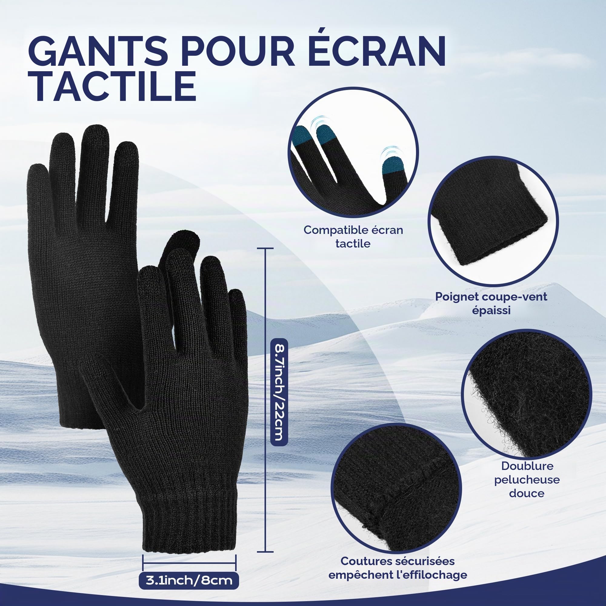Hommes Femmes Hiver Chaud Bonnet Gants Tactiles Écharpe Tricoter Ensemble, Ensemble Bonnet Echarpe Gant Homme Chauds d'hiver 3en1 pour les cadeaux de Noël/Anniversaire/Nouvel An