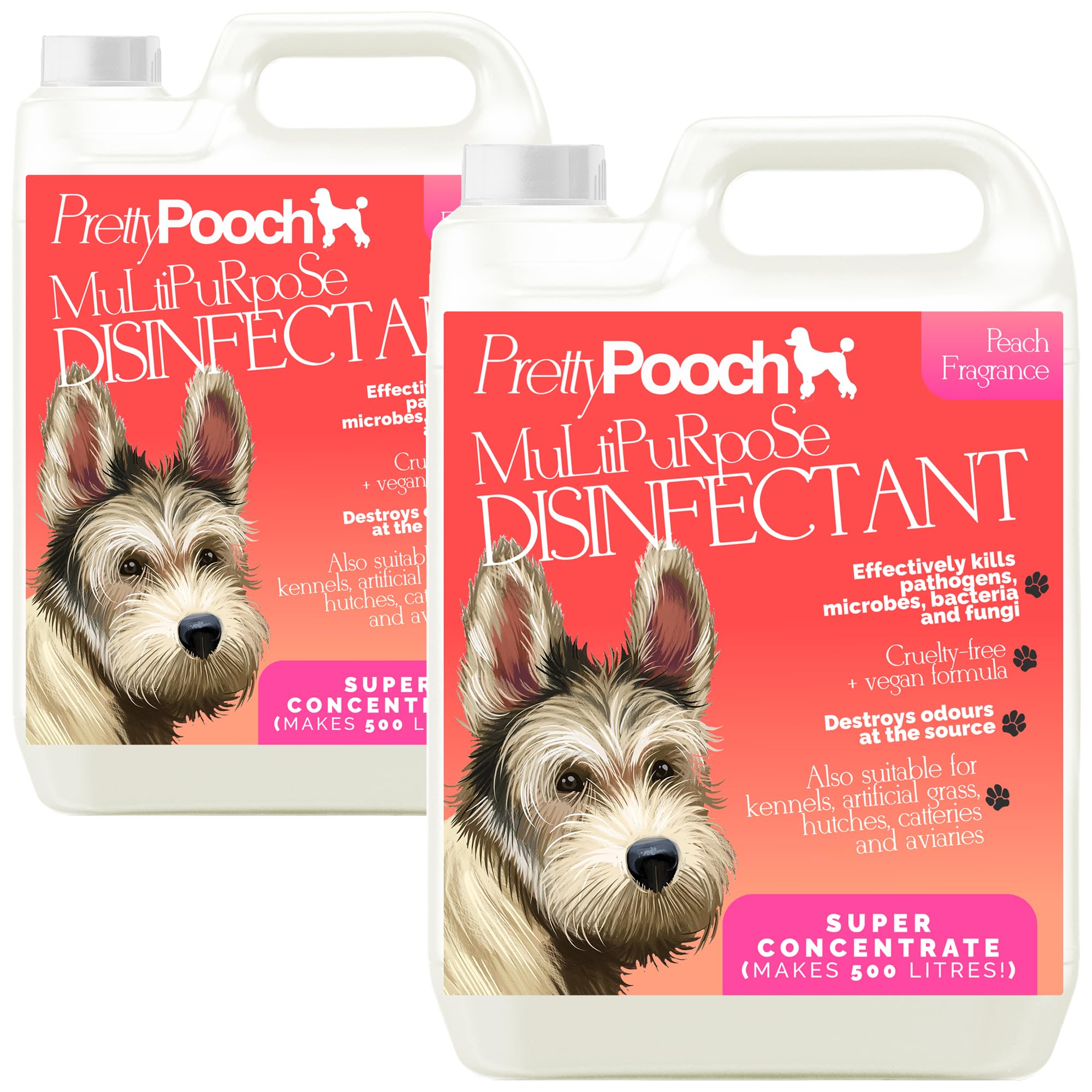Pretty Pooch Multipurpose Disinfectant - Cleaner, Sanitiser, Deodoriser - Concentrated Formula - For Use in Kennels, Catteries, Hatches - Cruelty Free Formula - 2 x 5L (Peach)