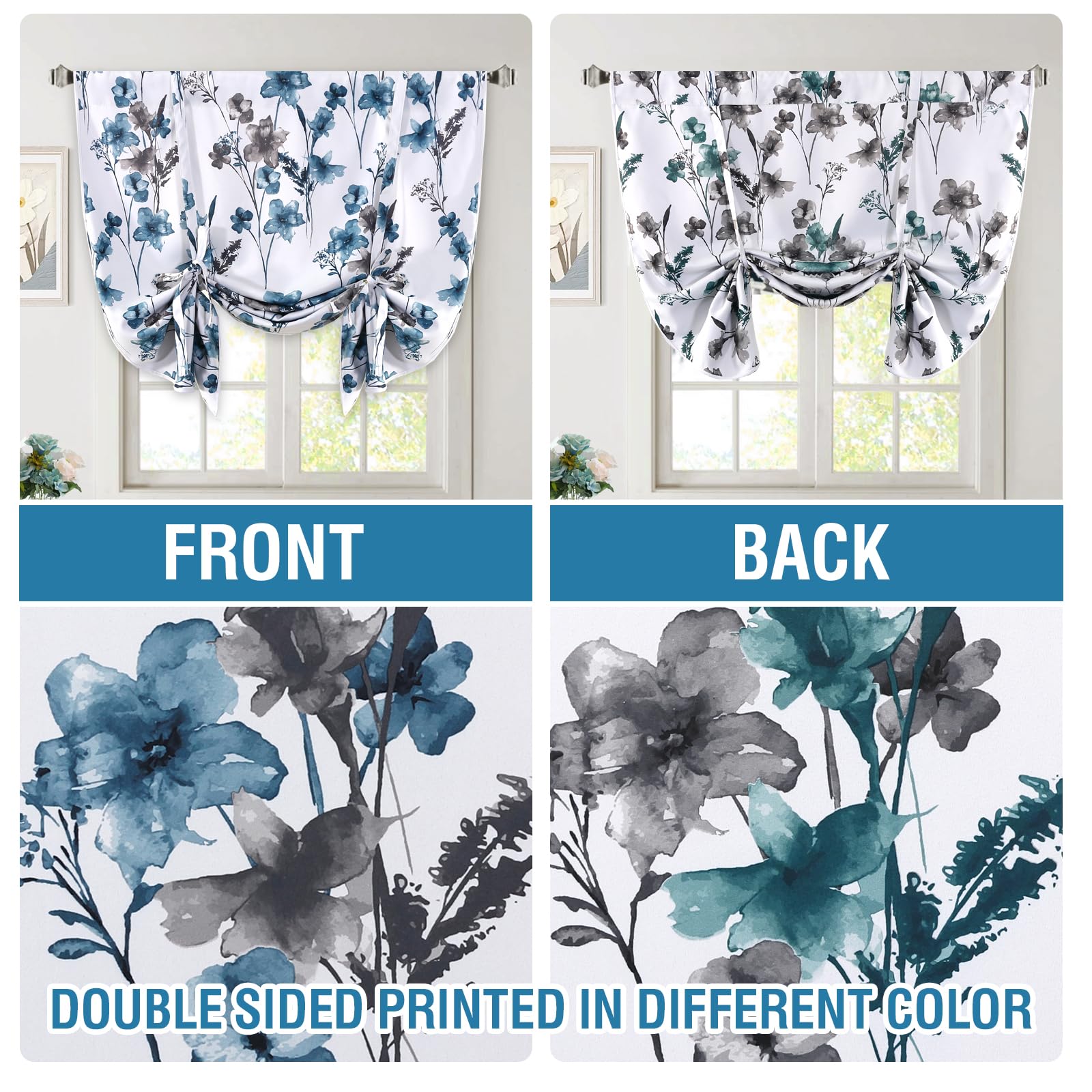 H.VERSAILTEX Reversible Tie Up Curtains Cattleya Floral Printed Rod Pocket Panel for Small Window - Reversible in Blue/Teal- 42