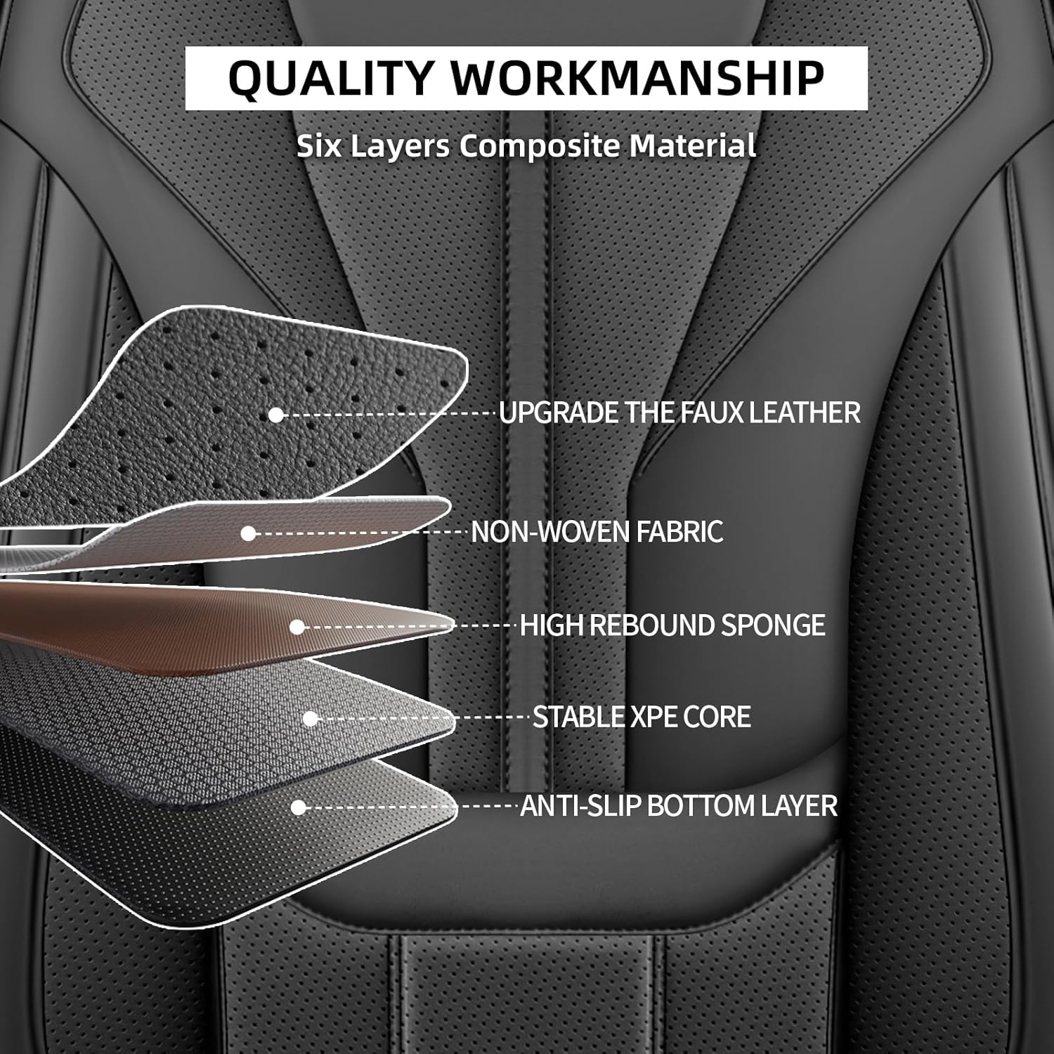 HChengkikz Car Seat Covers Full Set, Full-Wrap Waterproof Faux Leather with Memory Foam Lumbar Support, Airbag Compatible, Universal Fit for SUV Truck Pickup Sedan (Black) Black Full Set