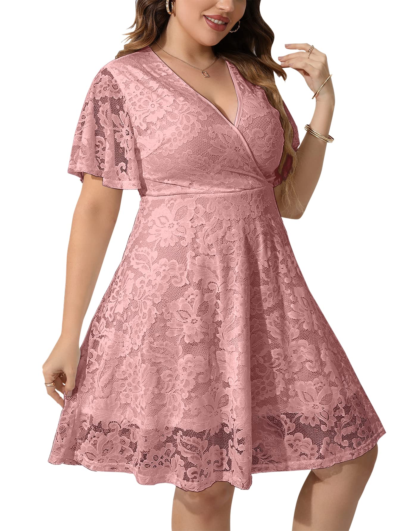 Scomchicwomen Plus Size Lace Cocktail Dresses Summer Wrap V Neck