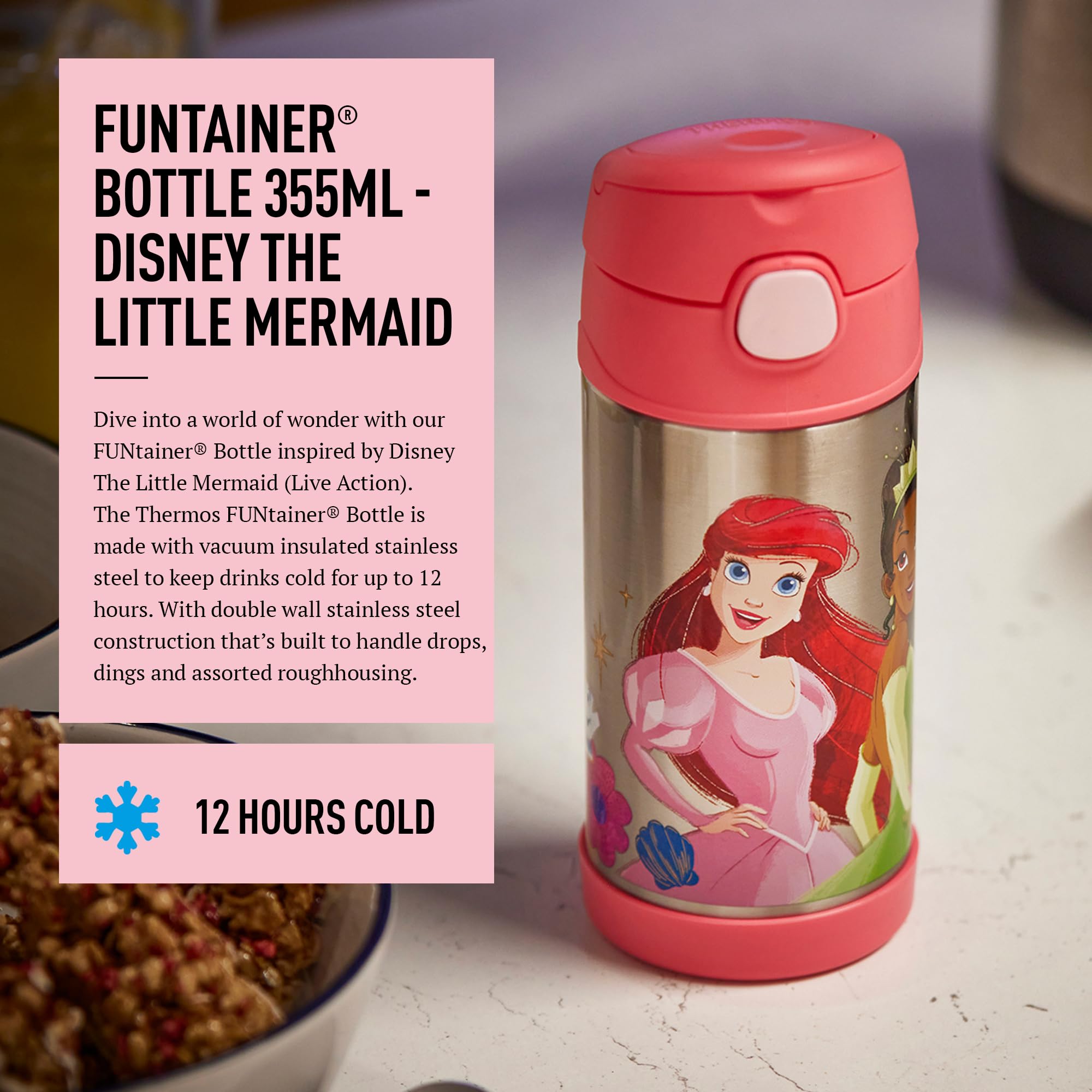 Thermos, Disney Princesses Water Bottle (355ml), BPA Free, Stainless Steel, Spill Proof, Pop-Up Straw - Image 3