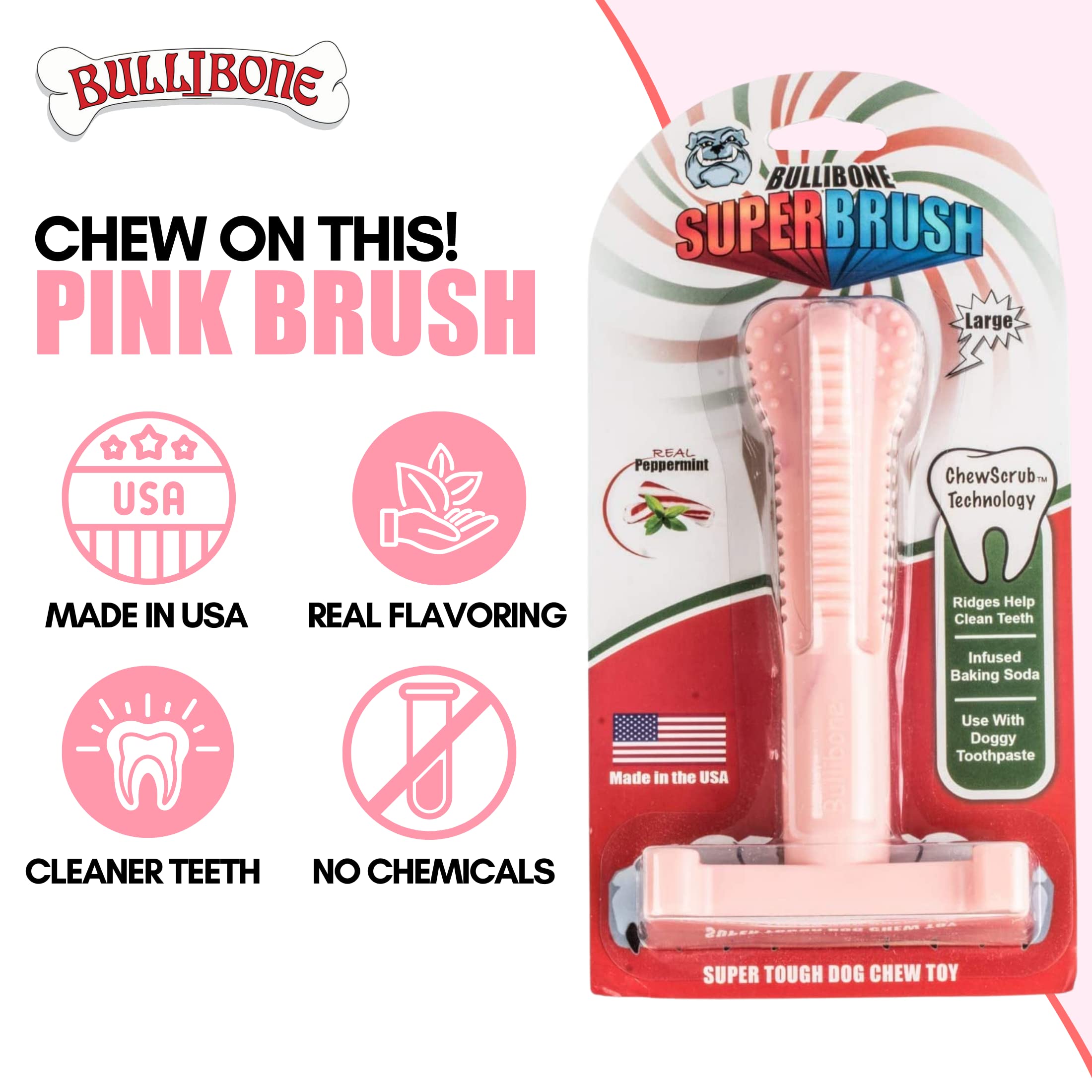 Bullibone SuperBrush Zahnreinigungsstab für Hunde, langlebig, Nylon, rosa Pfefferminze, Kauspielzeug für Mundpflege und Zahngesundheit
