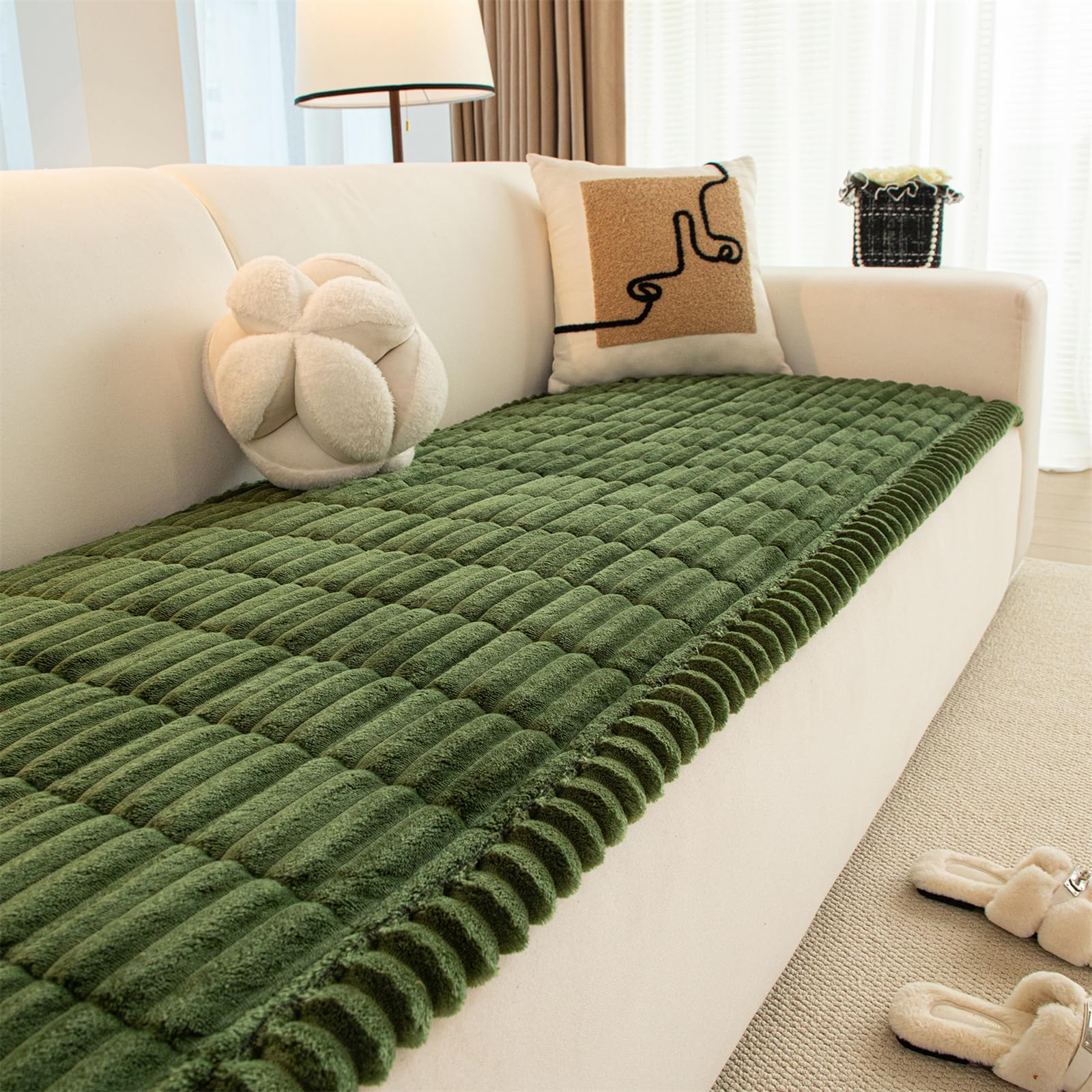 LINGKY Thick Sofa Covers Washable - Soft Corduroy Sofa Cover 2 3 4 Seater, Non-Slip Sofa Slipcovers, Sofa Cushion Covers Pet Couch Covers Furniture Protector for Living Room (Dark Green, 90x120cm)