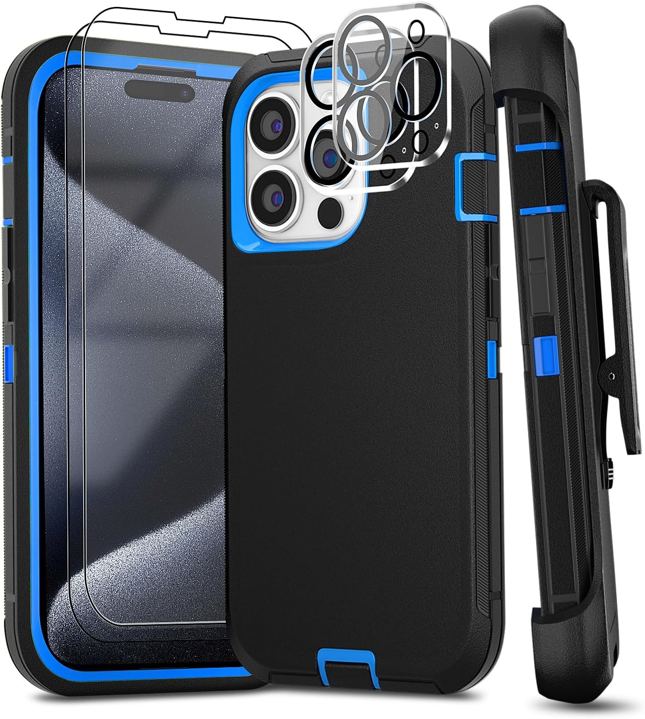 for iPhone 15 Pro Max Case with Belt Clip Kickstand Holster, 2 Camera Lens Protector & 2 Screen Protector, Heavy Duty Full Body Protective Phone Case 6.7" (Belt Clip,Black Blue)