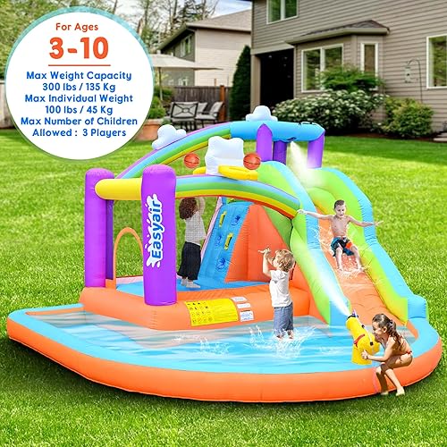 Miniatura 4 de Casa inflable de rebote para niños, castillo animoso de 12.8 pies x 12 pies, piscina de nube arcoíris, tobogán, puente, pared de escalada, 2 aros de
