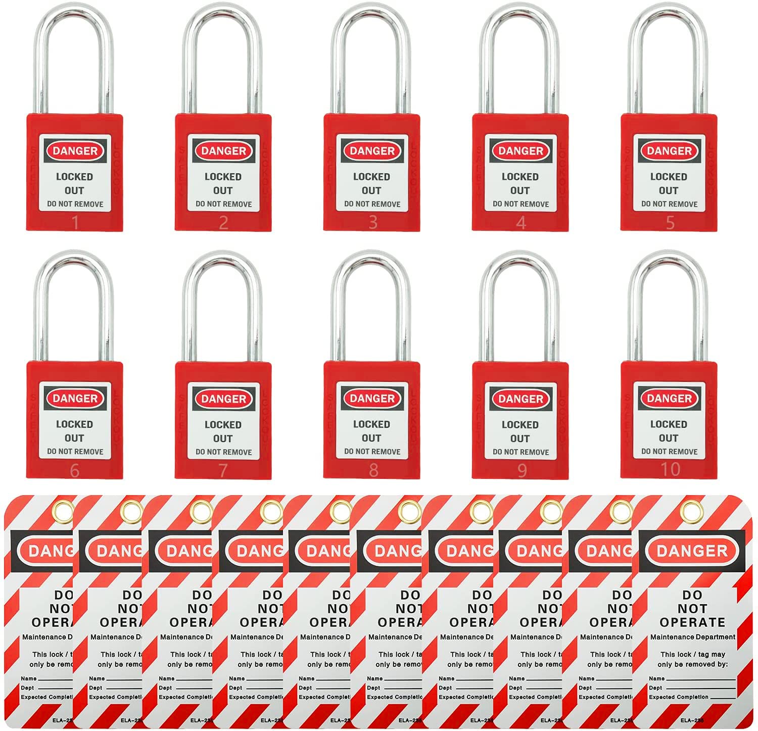 SAFBYSAFBY 10 Keyed Different Lockout Tagout Locks with 10 Lock Out Tag Out Tags - Loto Safe Padlocks for Lock Out Tag Out Stations and Devices with Number 1-10 (Keyed Different, 10 Locks with 10 Tags)
