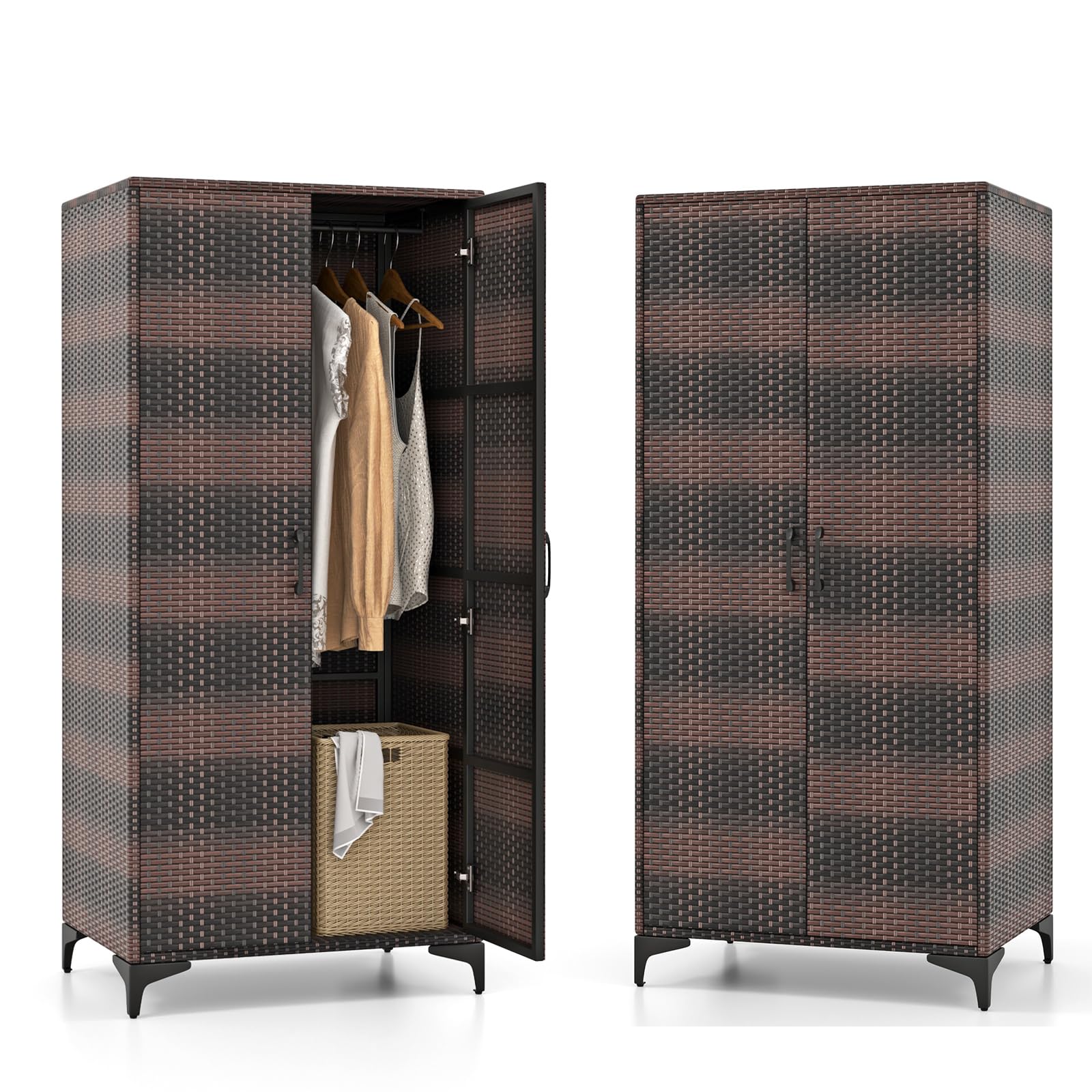 KOMFOTTEU Gartenschrank aus Rattan, Aufbewahrungsschrank mit 5 Einlegeböden & Hängeregal, Terrassenschrank Geräteschrank mit Doppeltüren, Rattanschrank 72 x 50 x 157 cm (Mix Braun)