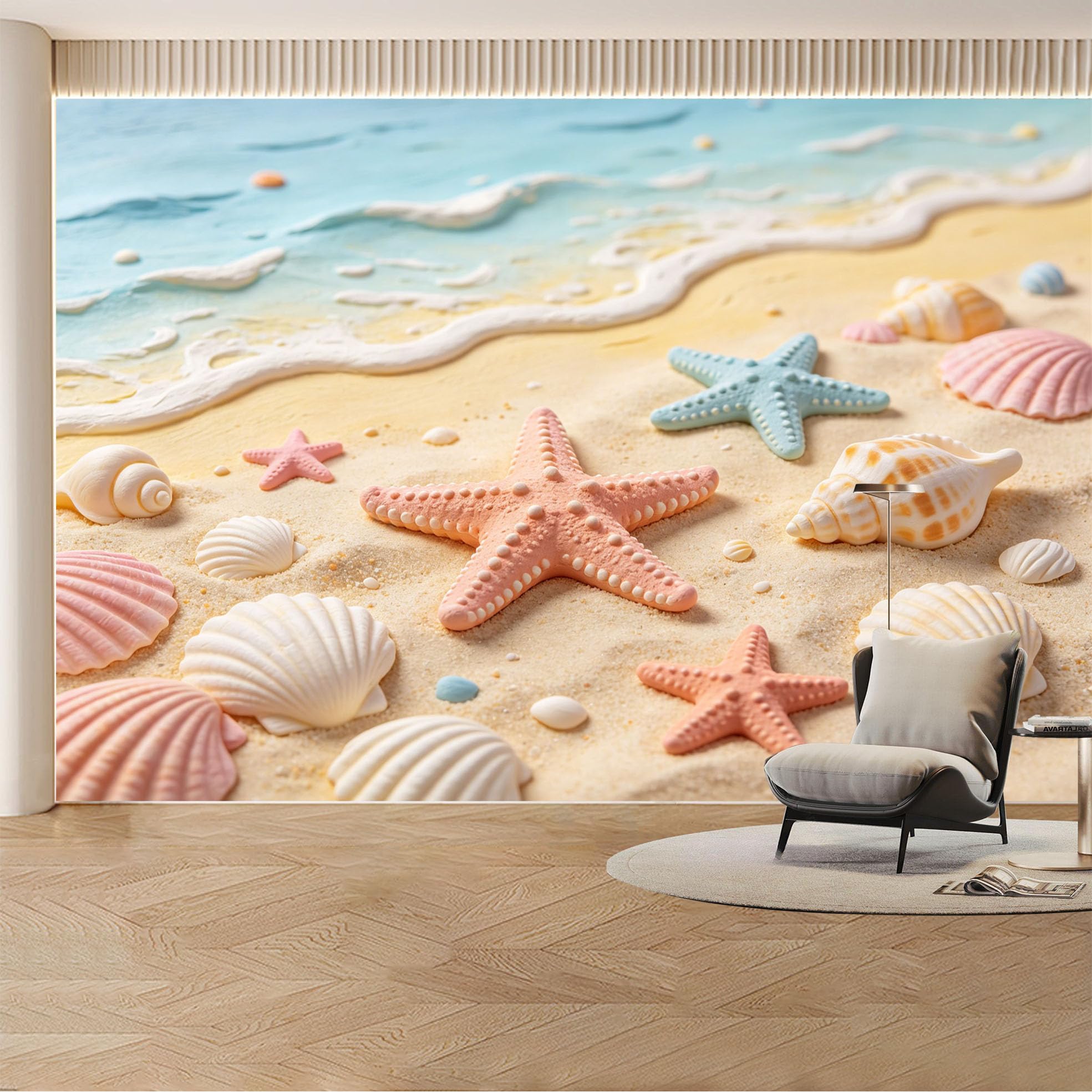 Custom Wall Mural Wallpaper Beach Starfish Seashell Landscape Nature 3D Effect Wall Decor Tropical Coastal Removable SelfAdhesive Large Photo for Living Room， Bedroom， Office