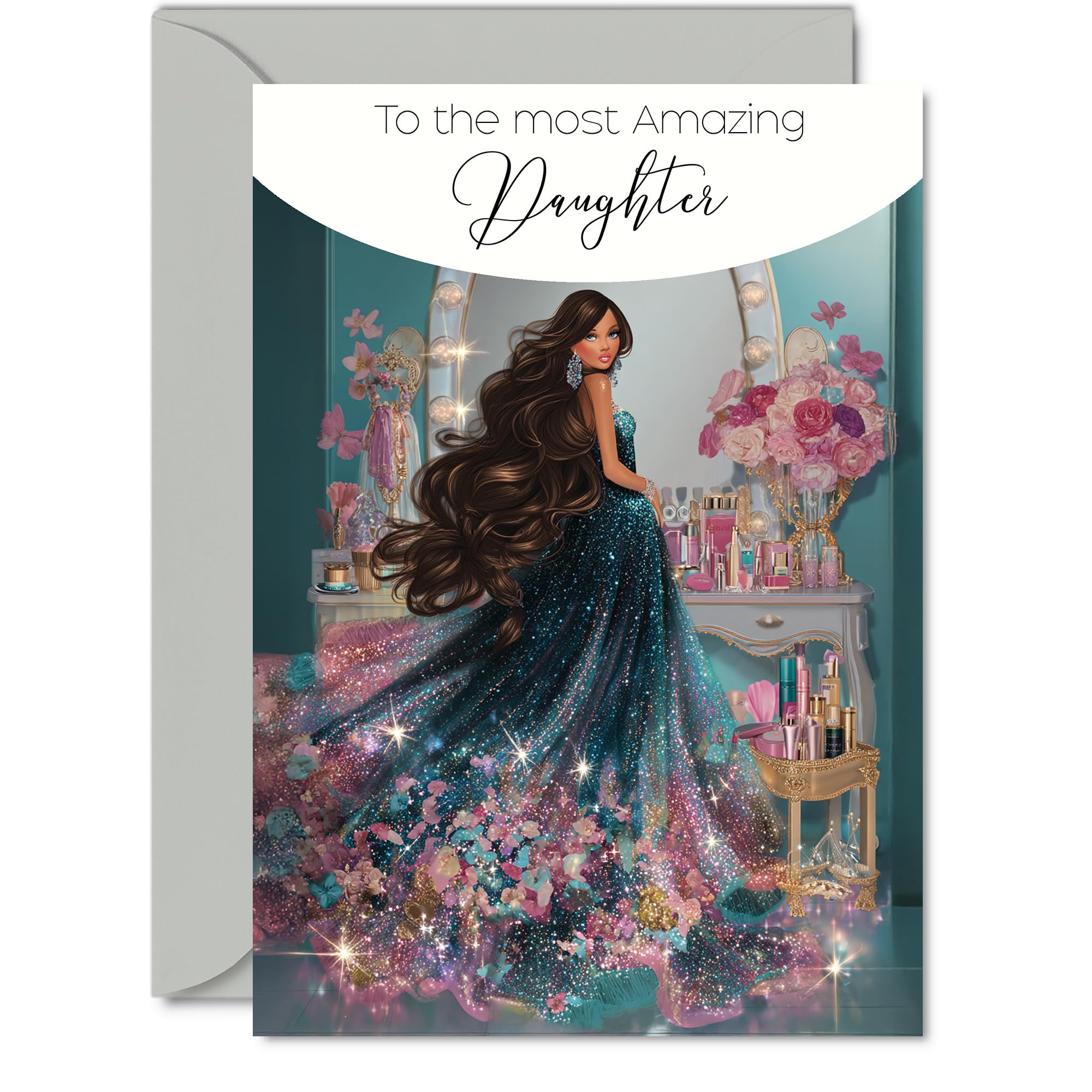 Daughter Birthday Card - Glamorous Beauty Fashion - Happy Birthday Card for Daughter from Dad Mum, A5 Sparkly Dress Bday Greeting Cards