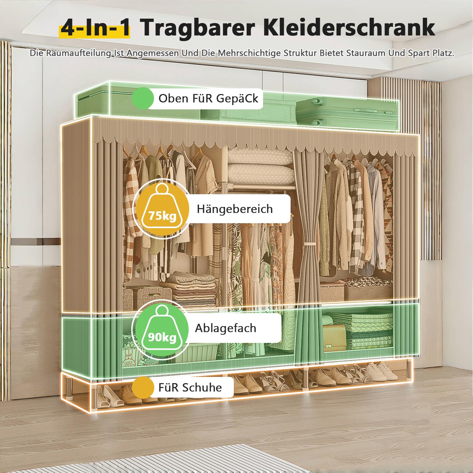 Kleiderschrank Faltschrank Stoffschrank, Mit Oxford-Stoffbezug Und Verdickter PP-Platte, Furniture Bedroom Wardrobes, Alle Legierungsschnittstellen, Tragfähigkeit 800 Kg (207x46x173cm)