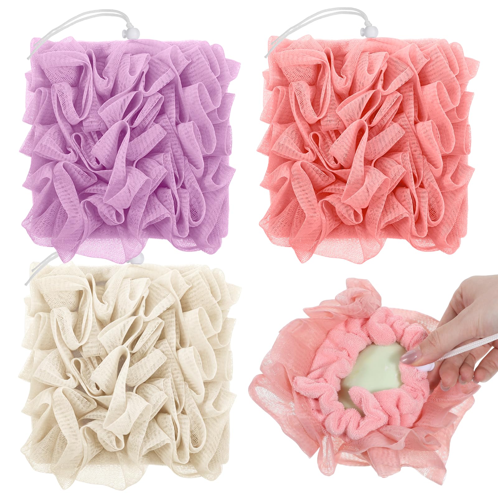 Qianyu 3 szt. Loofah Soap Bar Loofah 2 w 1 myjka Combo Saver Pouch wielokrotnego użytku złuszczająca siatka prysznicowa utrzymująca sznurek oczyszczająca puff piłka z kieszenią na mydło do kąpieli