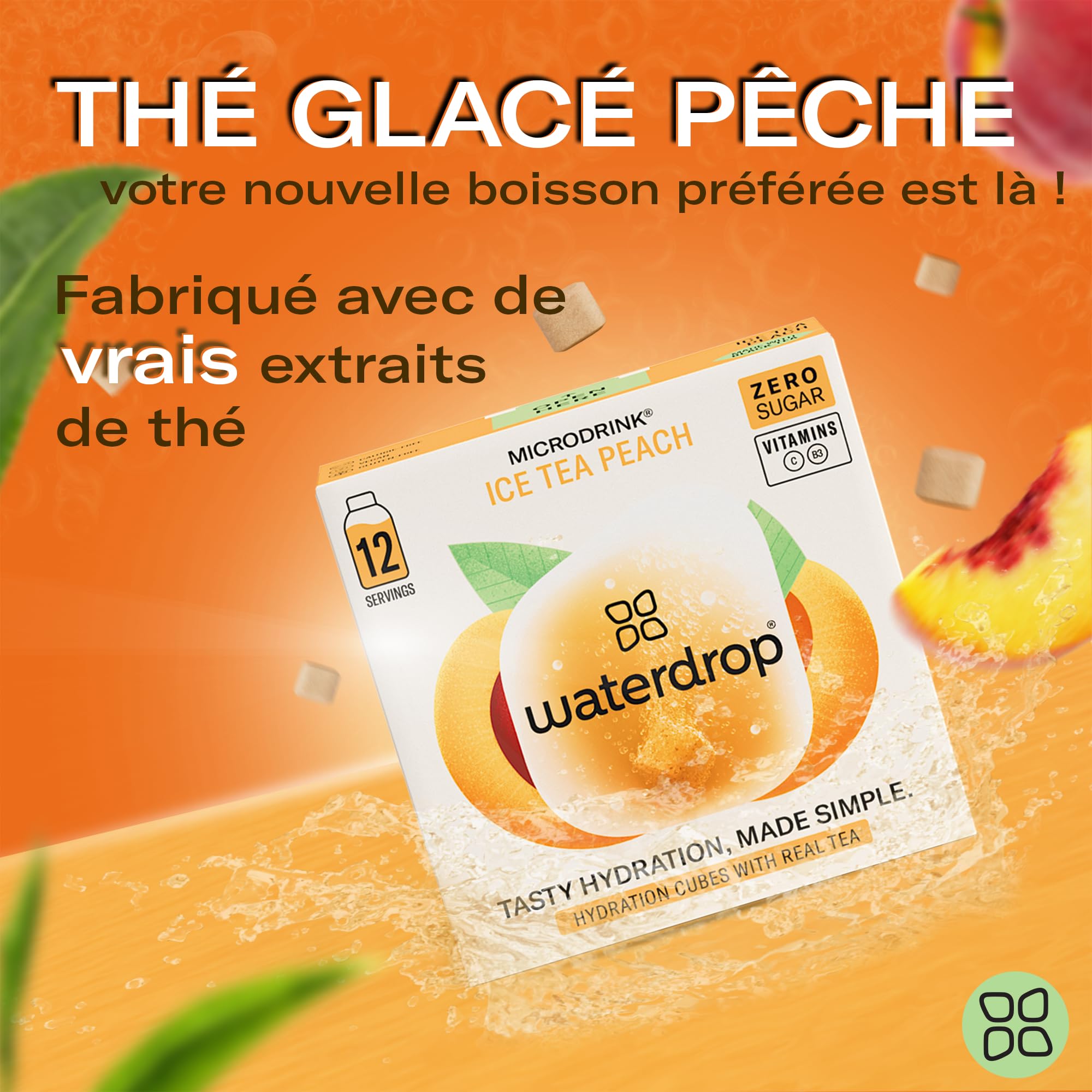 waterdrop® Thé Glacé Pêche, 36 cubes d'Ice Tea Sans Sucre, Saveur Thé Noir + Pêche, Pastilles d'eau aromatisées pour boissons, Extraits naturels de fruits et de plantes, Enrichi en vitamines