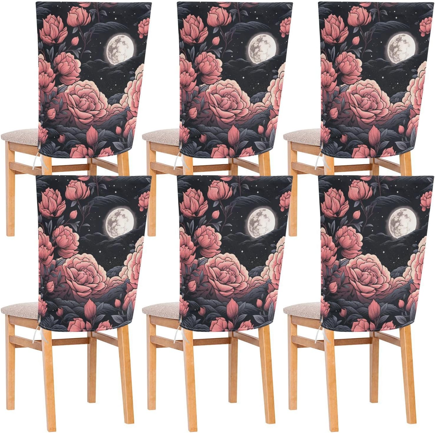 ALAZA Moon Roses Black Chair Back Cover Set of 6, Washable Reusable Removable Chair Slipcovers Decorative Chair Cover for Home Kitchen Wedding Party