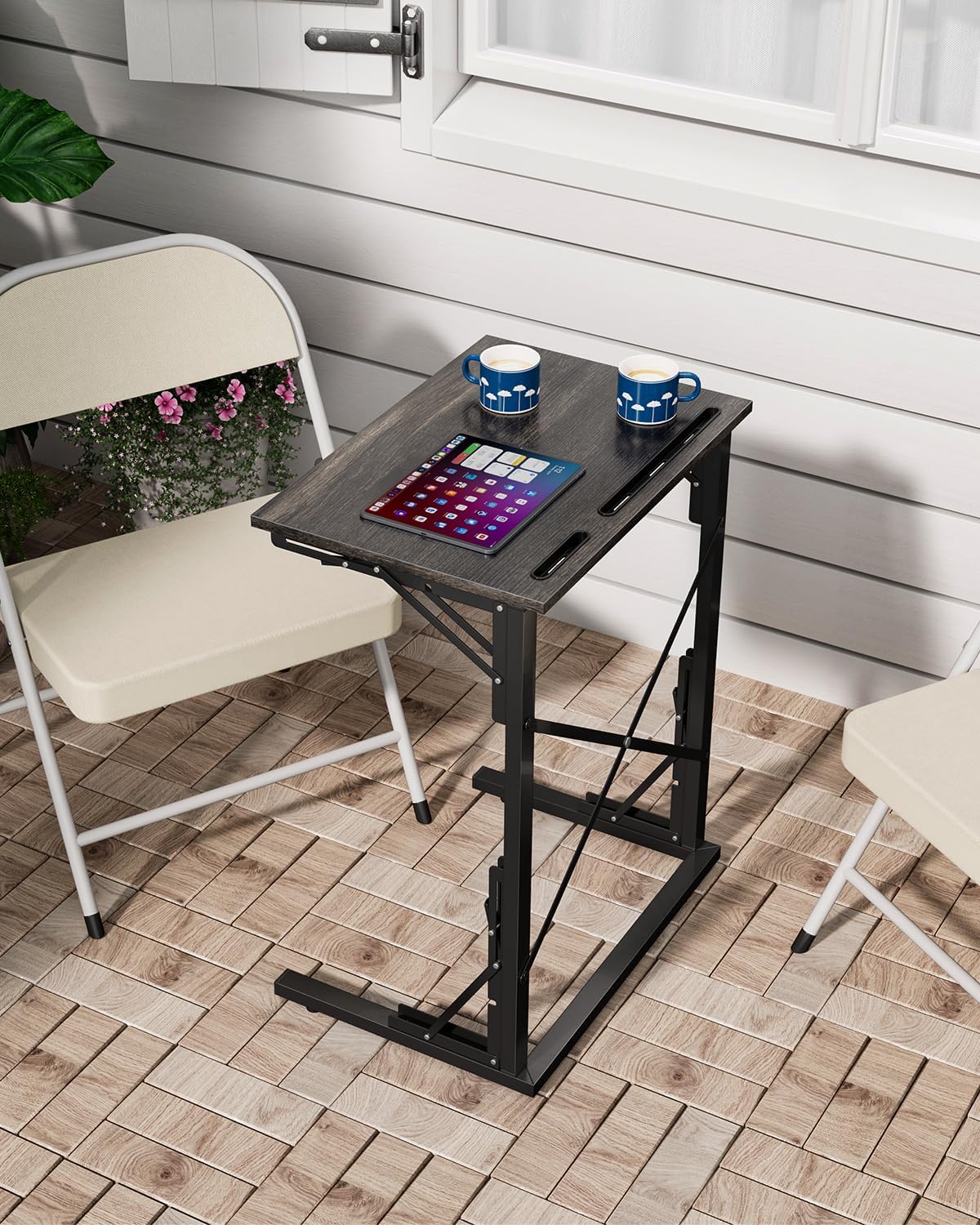 evermagin 21''wx28''h folding tv tray for eating, small foldable c-shaped tray table with tablet and phone slots, slide under couch side table for recliner, living room, bedroom, deep grey