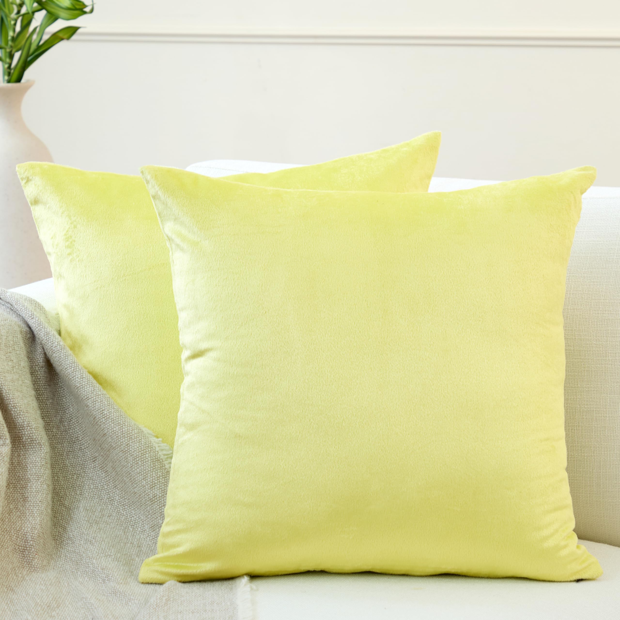 Encasa XO Velvet Cushion Covers (45x45 cm) Set of 02 | Pale Lime | Luxurious Square Velvet Throw Pillow Covers With Invisible Zippers | Living Room, Sofa, Chair