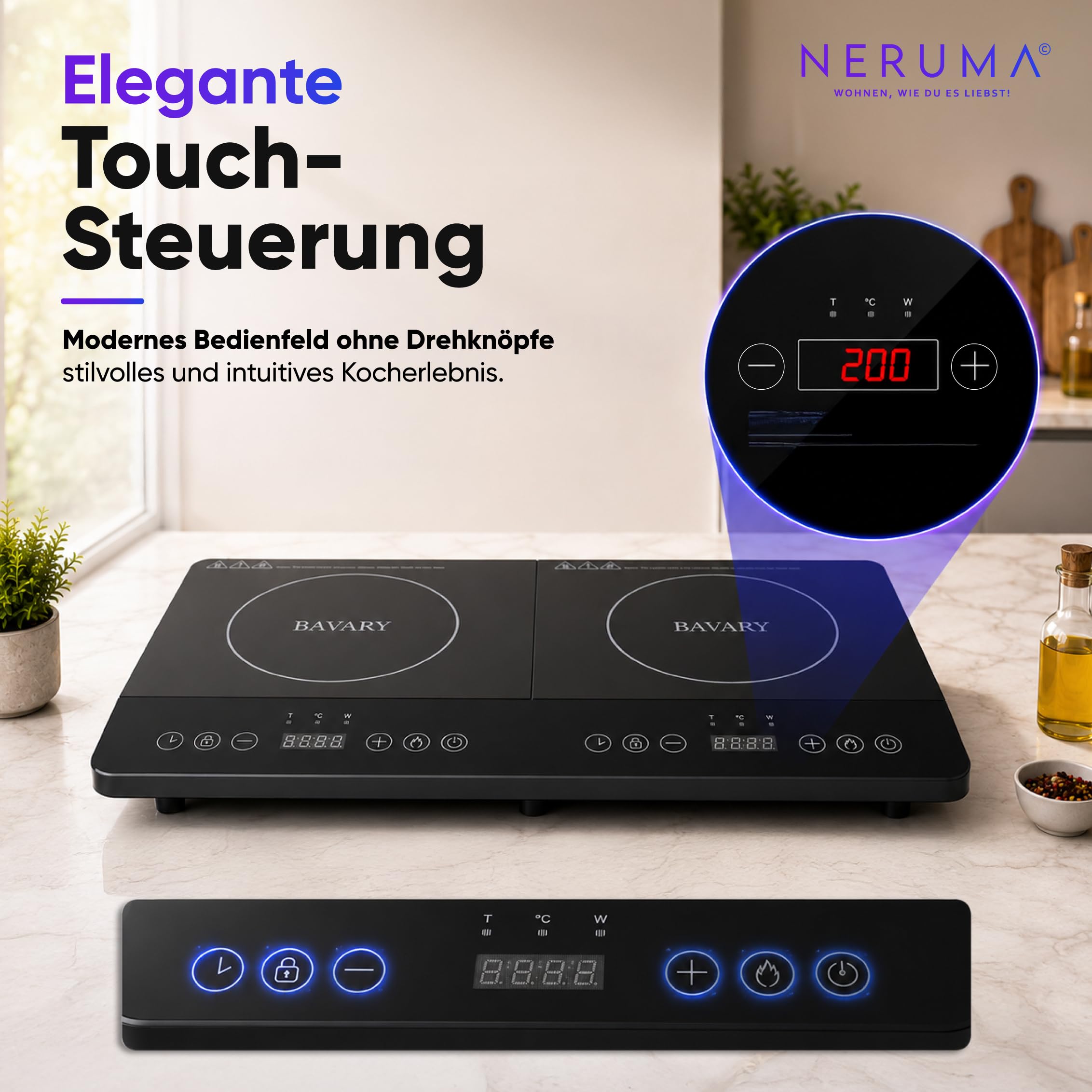 Induktionskochfeld 2 Platten 3500W – Doppel Induktionskochplatte Tragbar mit Touch Display, 8 Kochprogrammen & Kindersicherung, Mobile Kochplatte für Camping & Küche