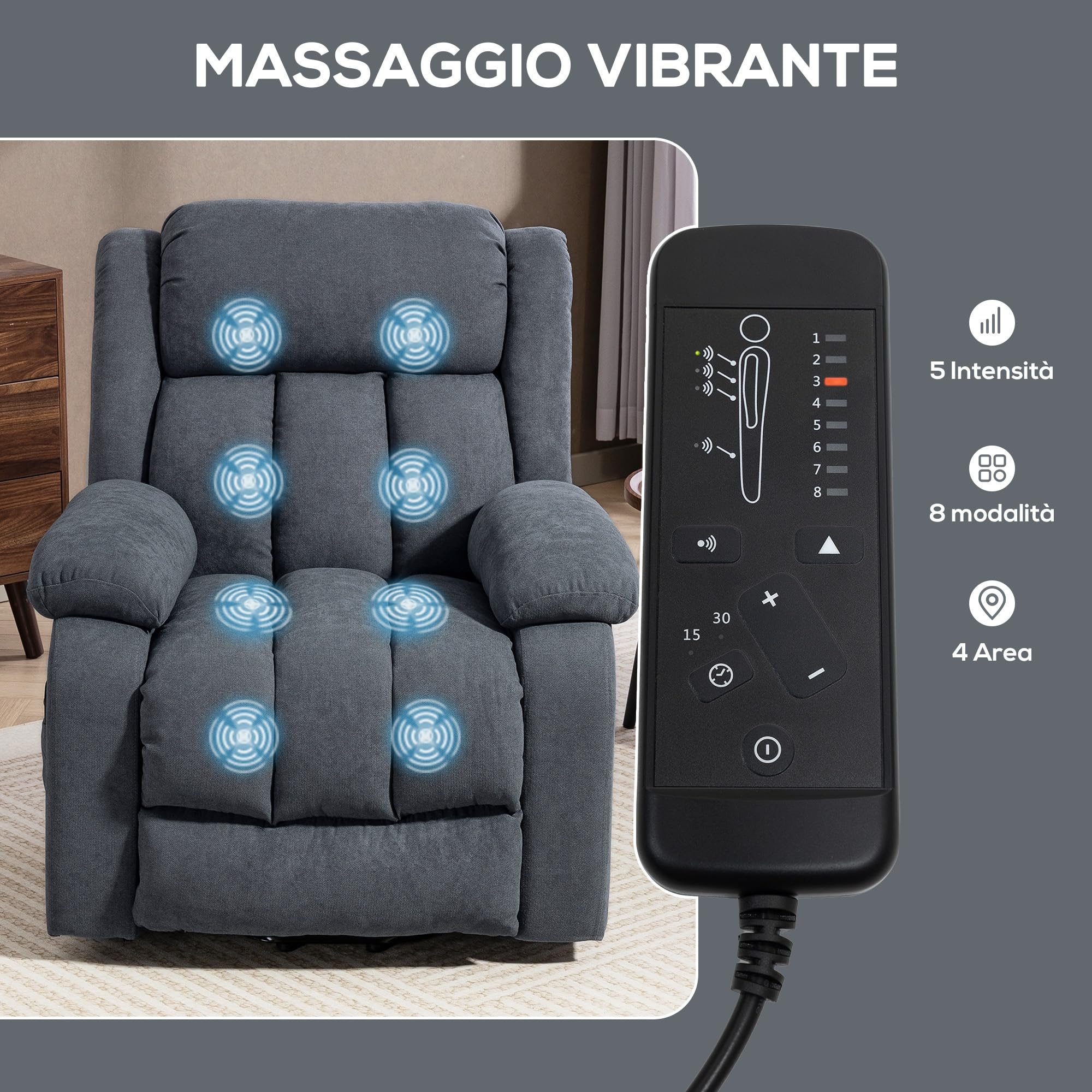 HOMCOM Poltrona Elettrica Alzapersona Reclinabile 135°, Poltrona Relax Massaggiante 8 Punti in Tessuto Effetto Lino Traspirante per Anziani con Telecomando, Poggiapiedi, Tasca Laterale, Grigio Scuro