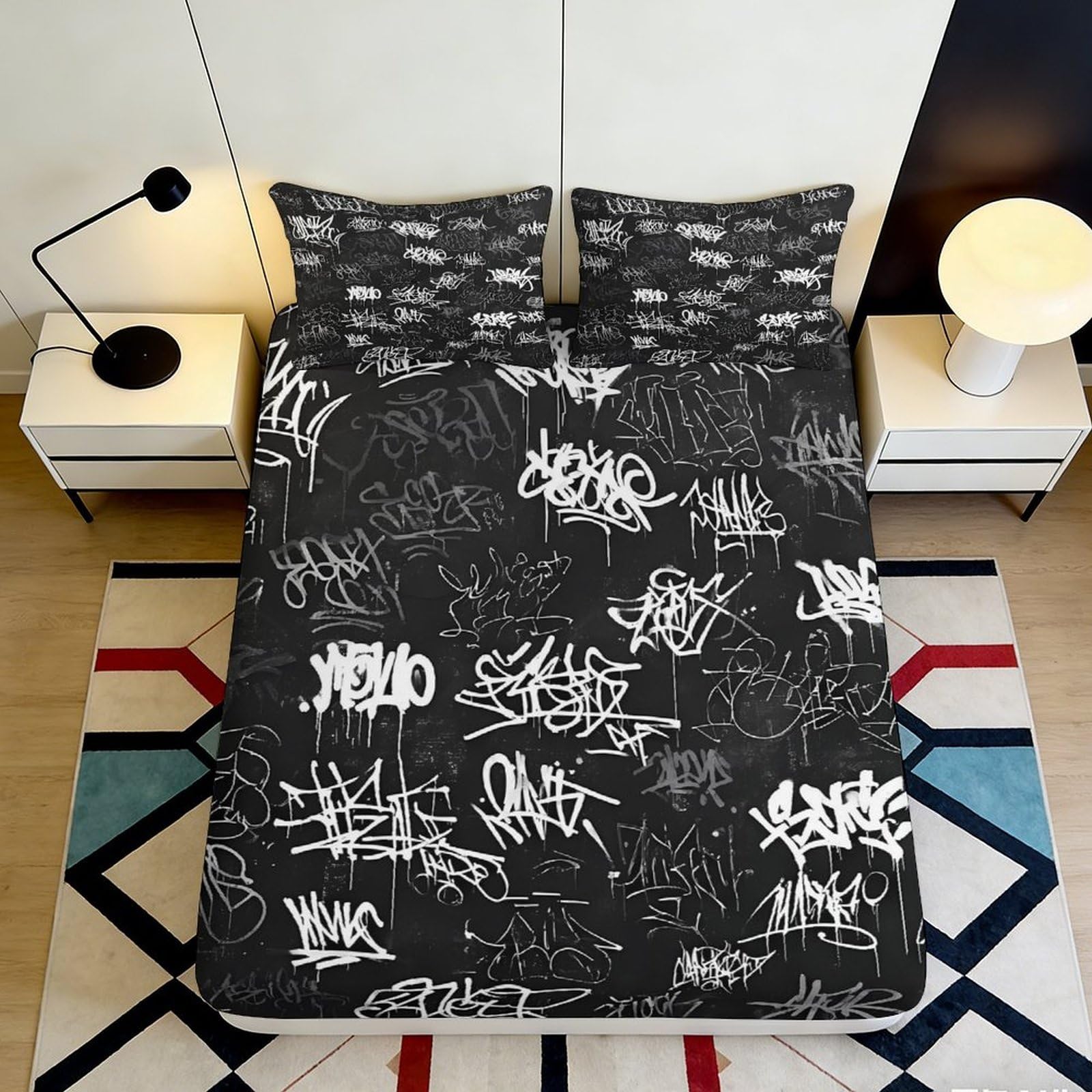 3D Printed Graffiti Art Fitted Sheet Microfiber Black White Urban Street Mattress Cover Anti-Slip Easy Care for Bedroom Guest Room Decor 90x200x25cm