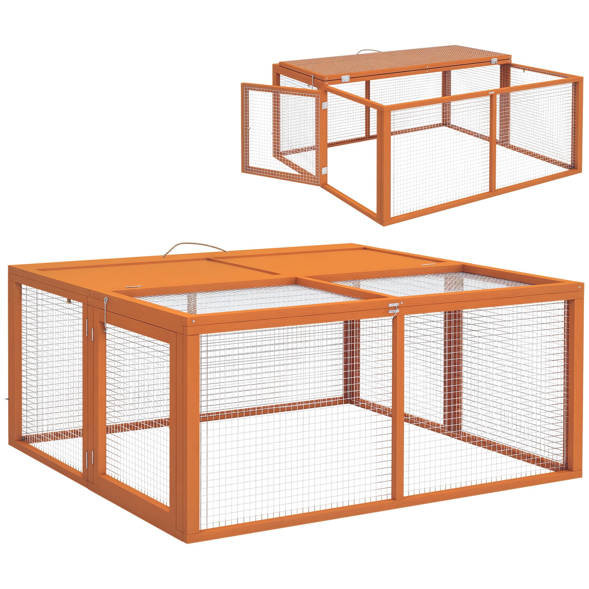 PawHut Rabbit Hutch, Folding Portable Wooden Rabbit Run with Openable Top, for 2-3 Rabbits, Guinea Pig Run for Outdoor, Garden, 110 x 105 x 50 cm - Orange