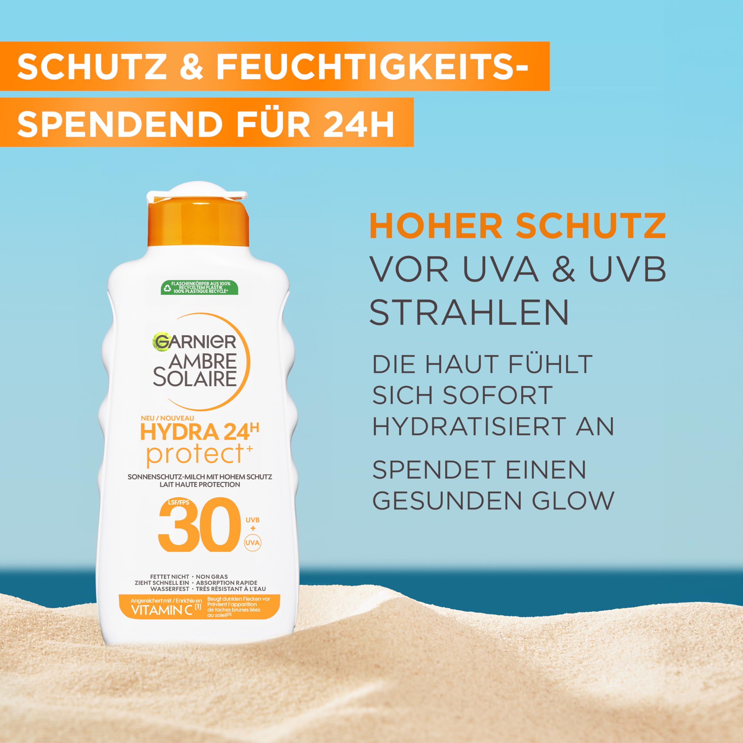 Garnier Ambre Solaire Hydra Protect+ mleczko chroniące przed słońcem, 24 h, LSF 30, ochrona przed promieniowaniem UVA i UVB, z witaminą C, 175 ml