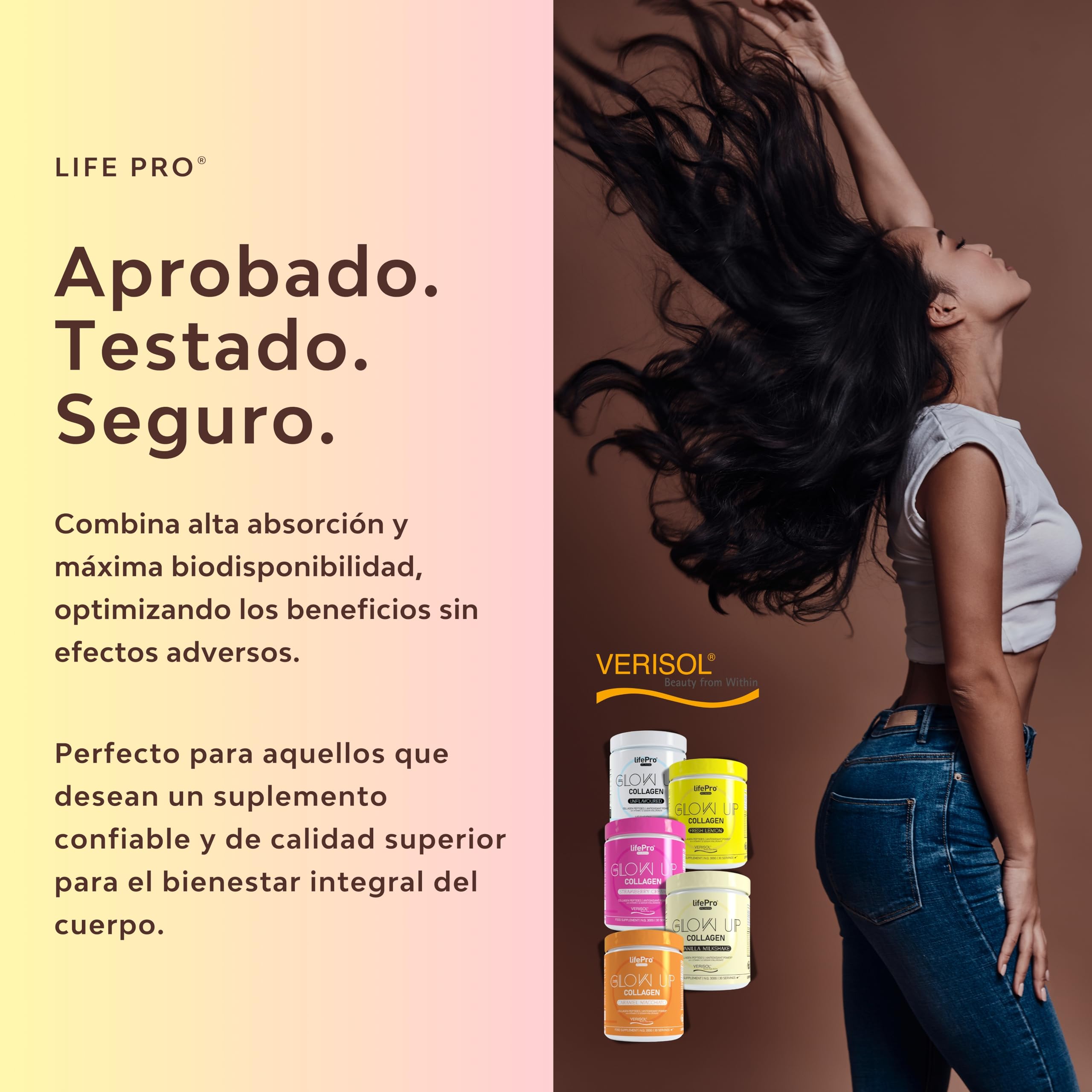Life Pro Vitaminas para el Cabello Glow Up Beauty, Colageno Hidrolizado Puro, Anticaida Mujer, Crecimiento con Colageno Acido Hialuronico, Evita Caída del Cabello, Tratamiento Piel y Uñas con Verisol