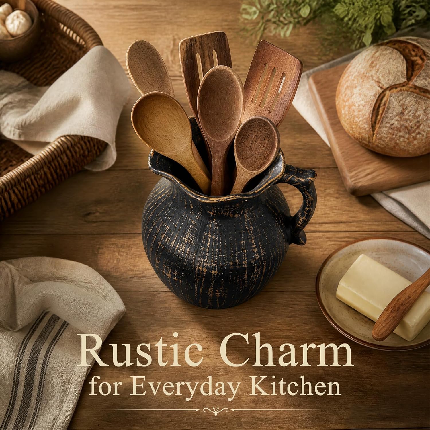 7.1'' Rustic Utensil Holder for Kitchen Counter, Large Capacity