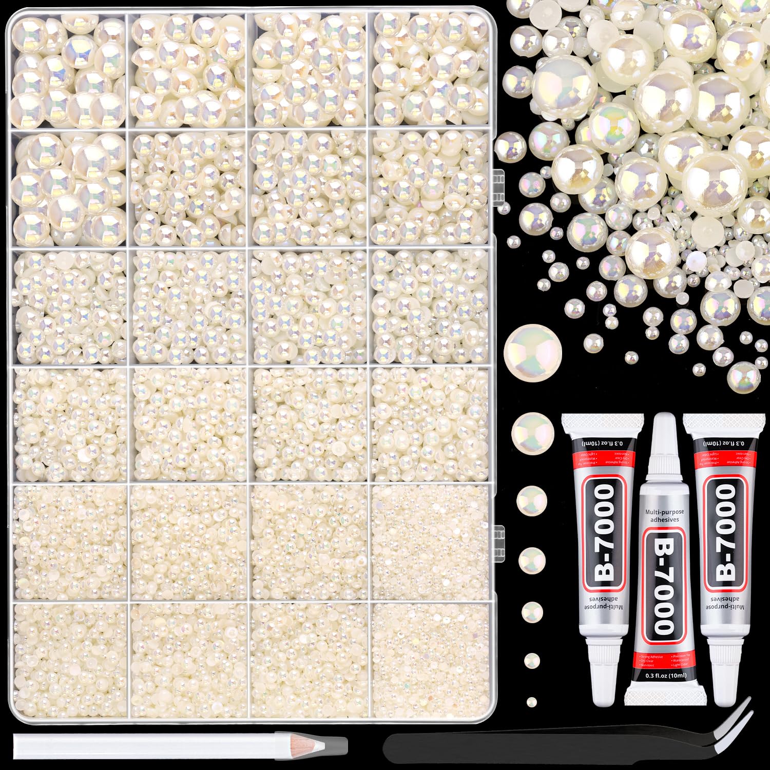 TINKRSTUFF13000Pcs Flatback Pearls for Crafting (Beige AB), Assorted Size 2/3/4/5/6/8/10mm Half Pearl with 3Pcs 10ml B7000 Jewelry Glue, Bedazzling Bead for DIY Crafts Clothing Tumblers Shoes Nail Art