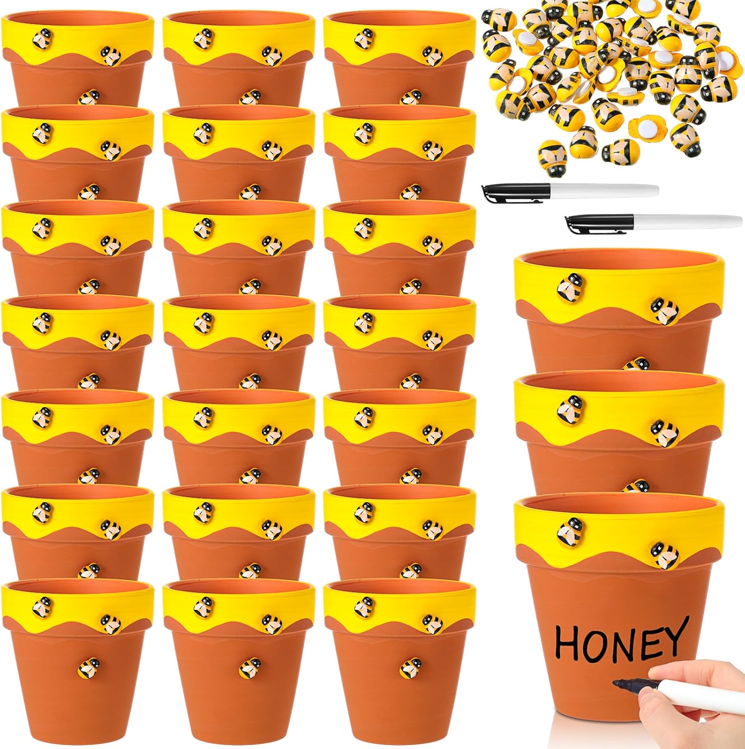 Leinuosen 12 Pcs Honey Bee Pot, 3 Inch Honey Jars for Cupcake, Planter, Bee Themed Party Favors for Baby Shower 1st Birthday Party Supplies and Wedding Gifts (Yellow and Brown)