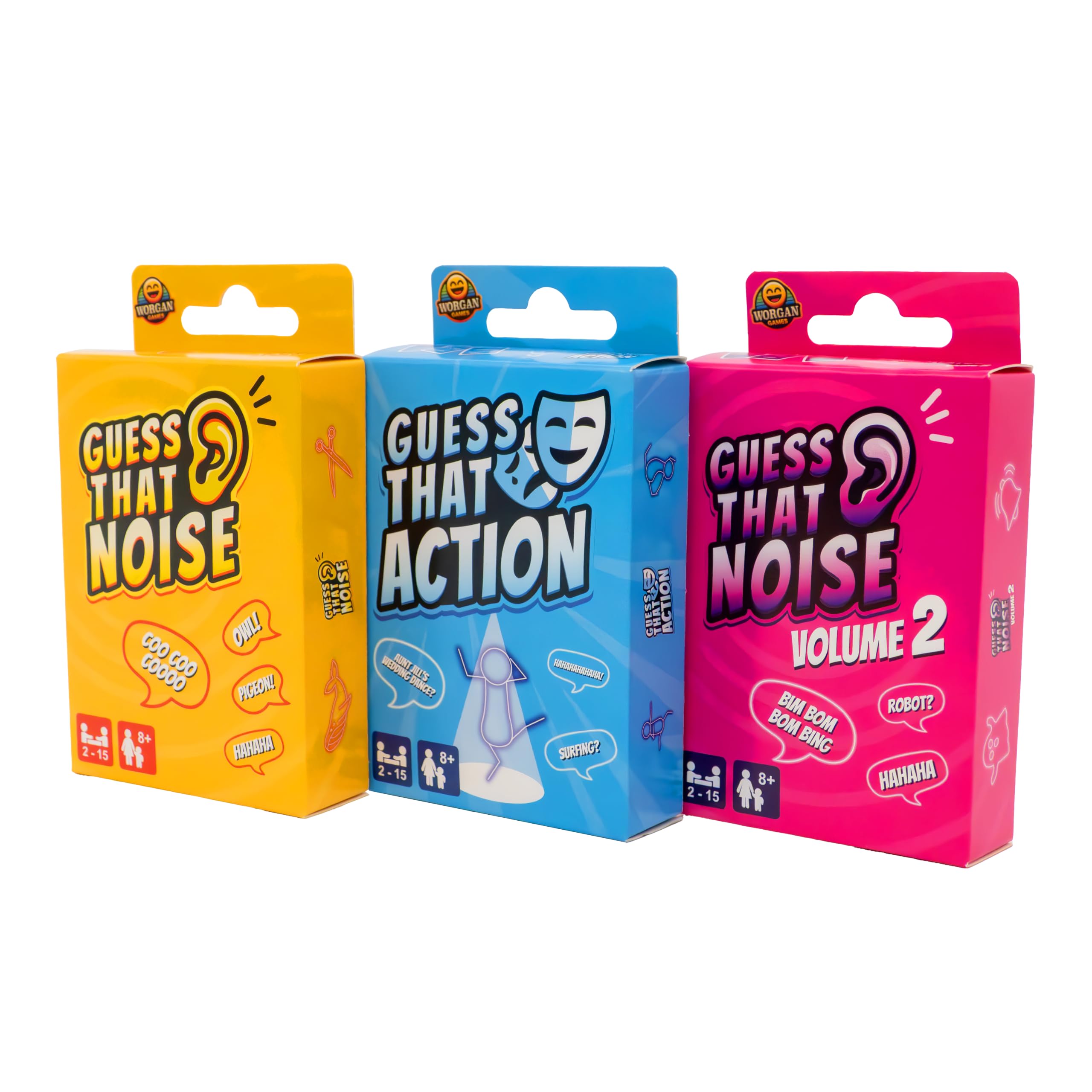 Travel Party Game Bundle – Guess That Noise 1 & 2 + Guess That Action – Fun Group Games for Families, Friends & Parties - 2-15 Players - Age 8+