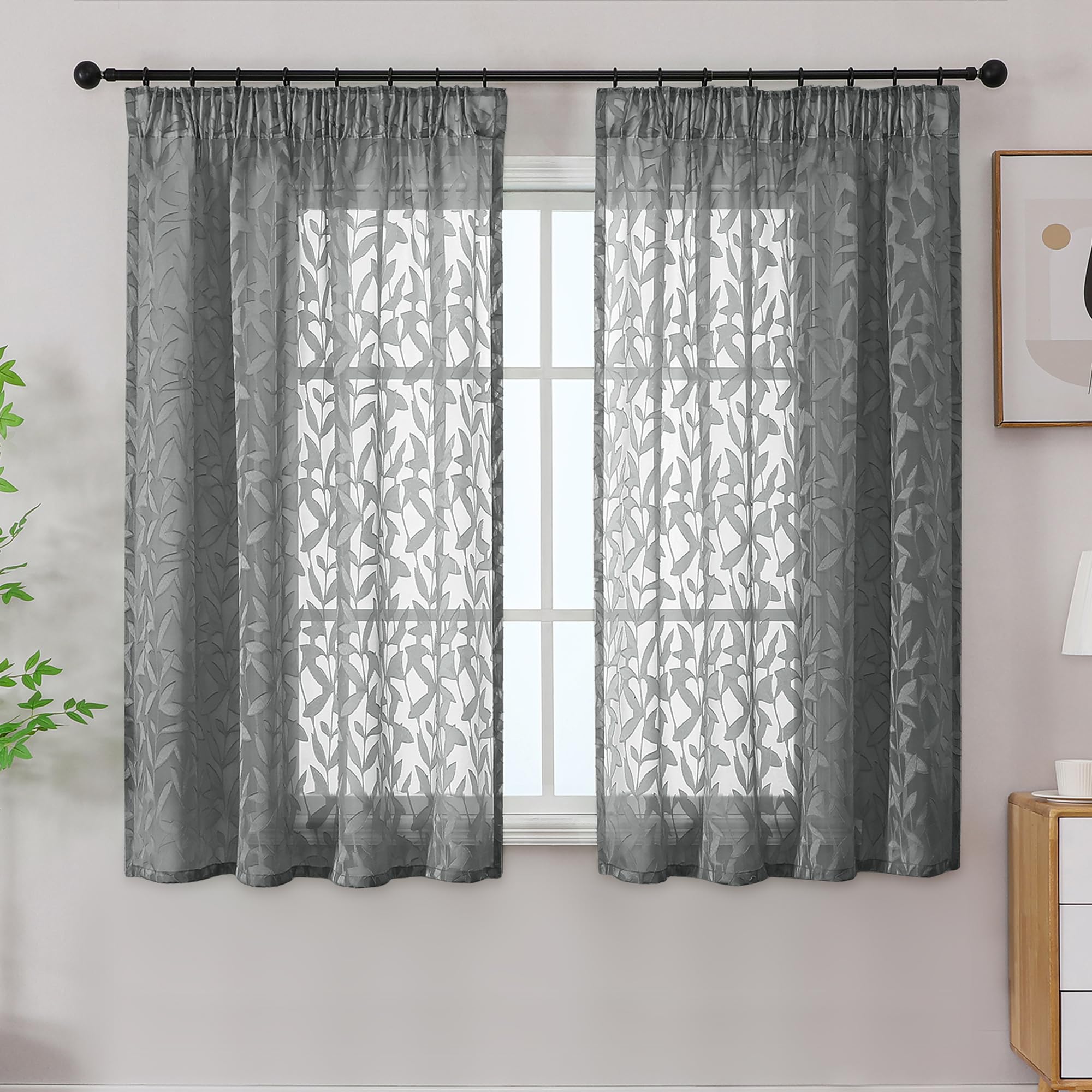 Simplebrand Grey Sheer Curtains 2 Panels W140 x L137cm, Leaf Clip Jacquard Voile Curtains, Pencil Pleat Semi-Sheer Window Drapes for Living Room Bedroom Kitchen Home Decor