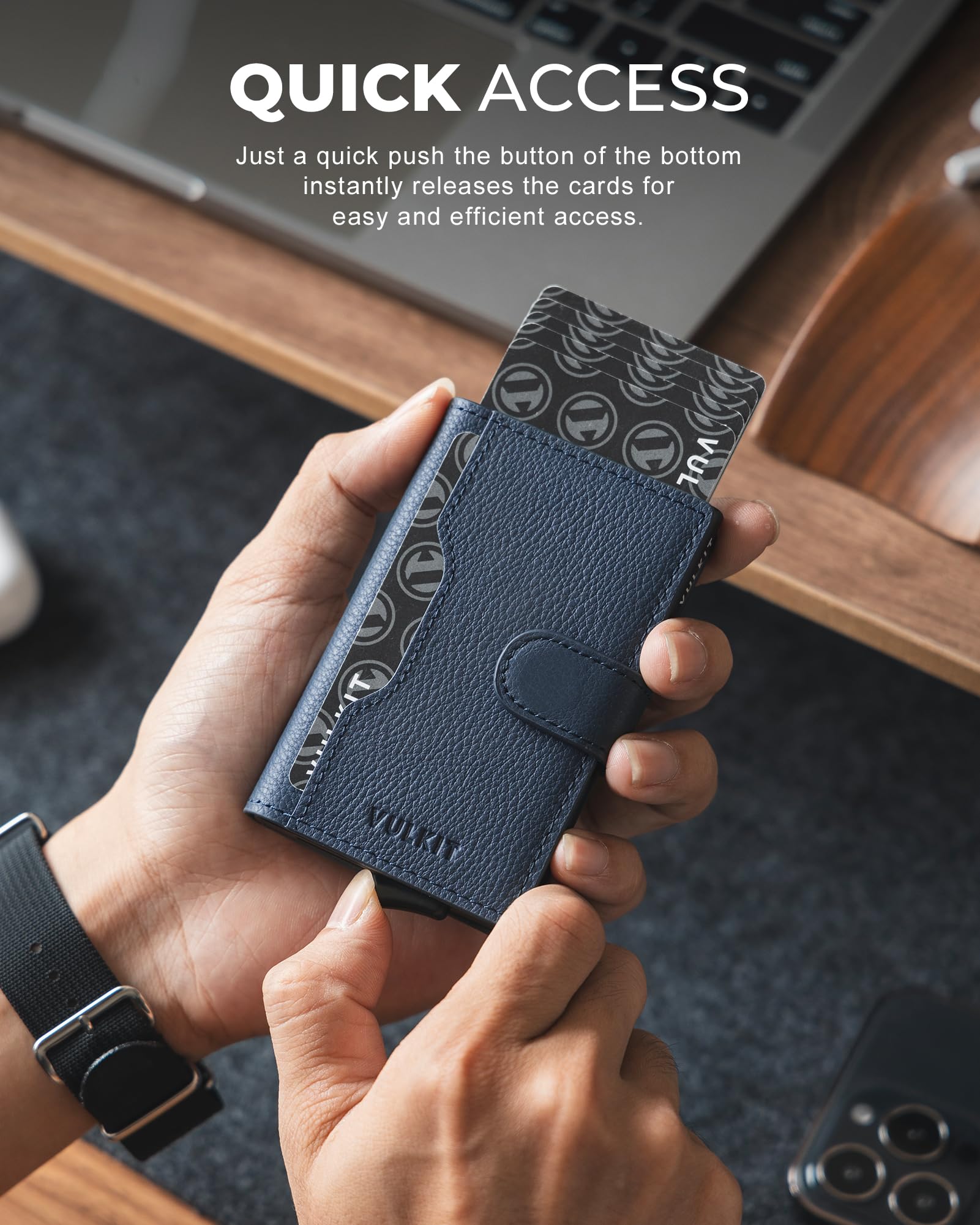 VULKIT Tarjetero Hombre Piel Genuino RFID Bloqueo con Cierre Magnético Carteras para Hombre Metalico Porta Tarjetas con 3 Ranuras y 1 Ventana DNI, Litchi Azul Marino