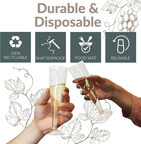 Miniatura 4 de Reli. Copas de champán de plástico Paquete de 100 4.5 onzas Purpurina dorada Copas de champán de plástico premium Fiesta perfecta para