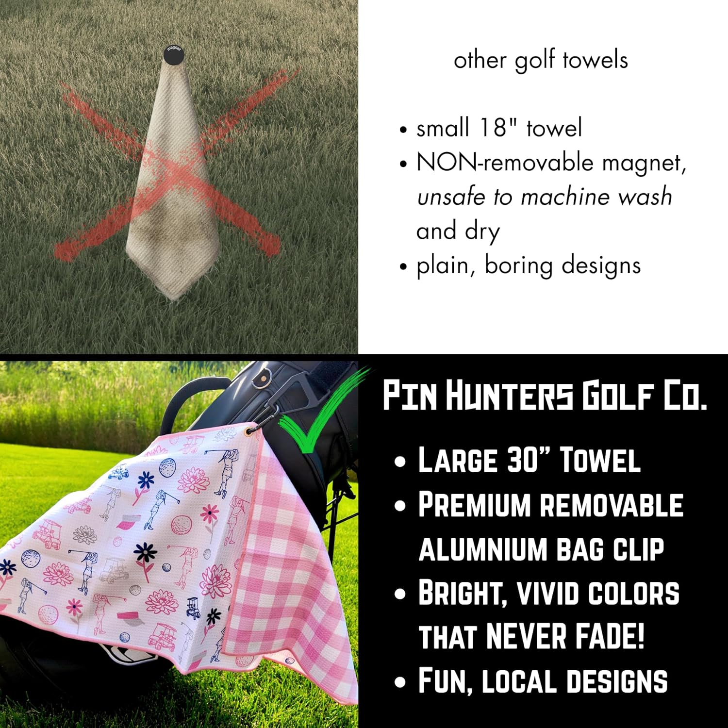 Pin Hunters Microfiber Golf Towel | Premium Waffle Towel with Clip | Large 31"×15.5" Towel for Golf Bags | Fun Gift for Wife | Stylish Golf Gear | Pink Blossoms Women's