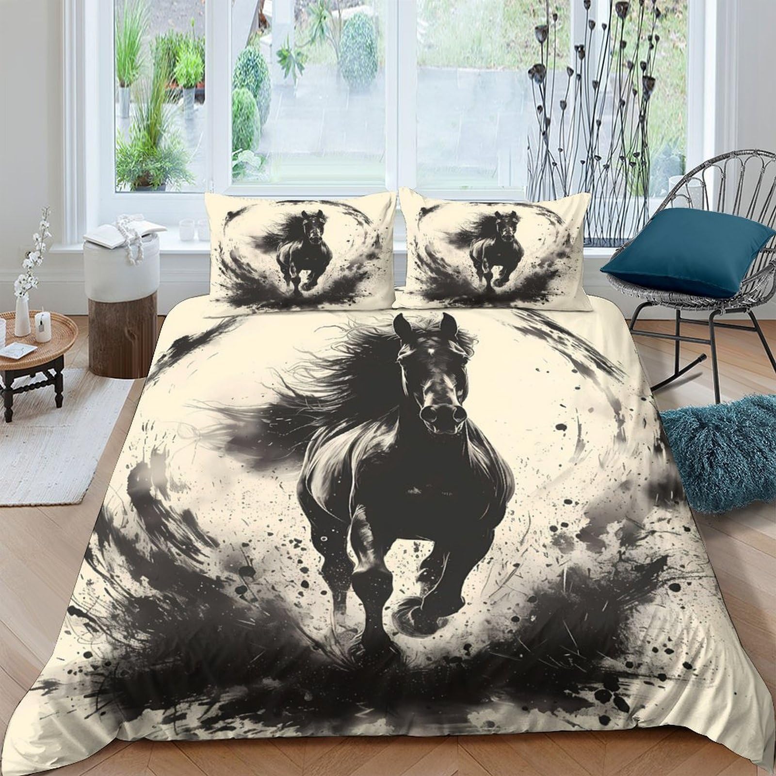 Ctjqhvkz Style-10 3D Printed Black Running Horse Fitted Sheet Microfiber Artistic Animal Bed Cover For Bedroom Dorm Mattress Protection Decor Single（135X200cm）